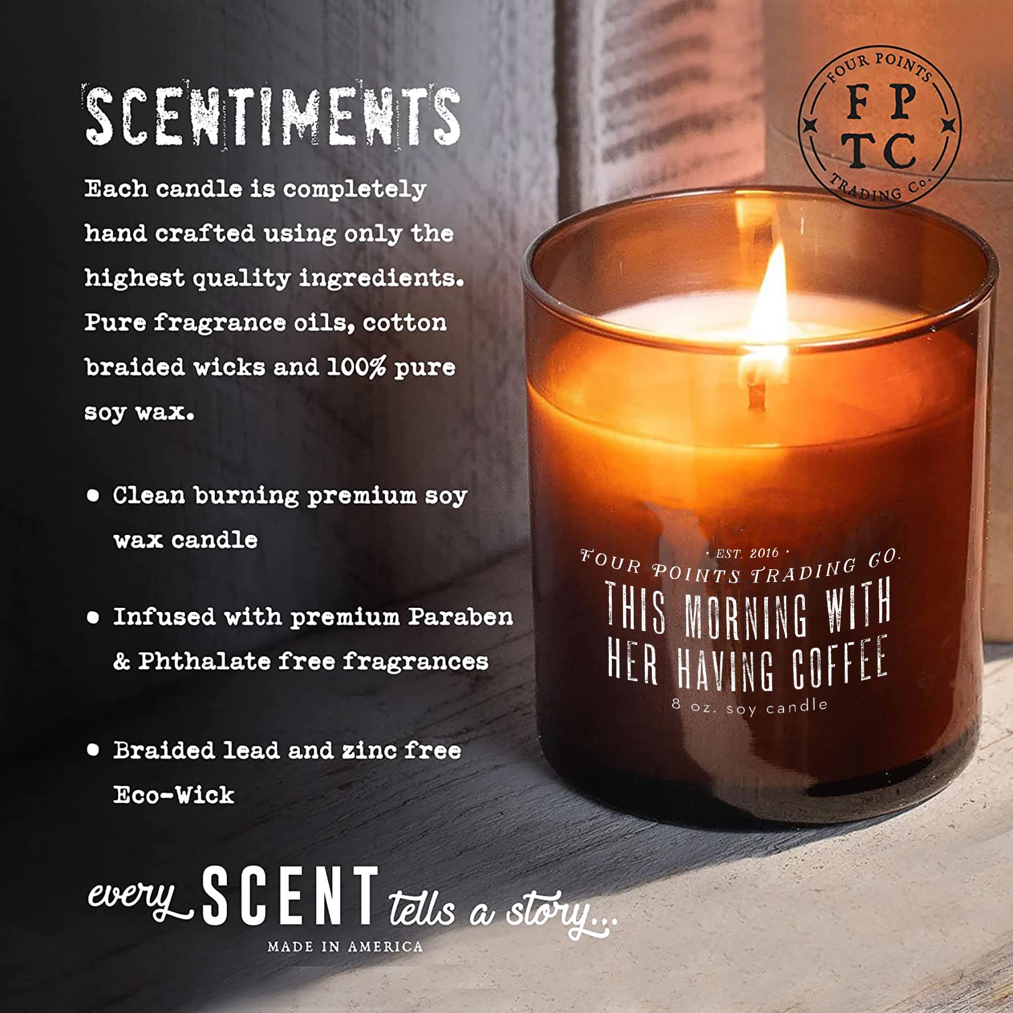 Four Points Trading Co. Scentiments This Morning Having Coffee - Fresh Brewed Coffee Scented Candle - Soy Aromatherapy Candle with Jar - Christmas, House, or Birthday Gift for Home Decor - 8oz