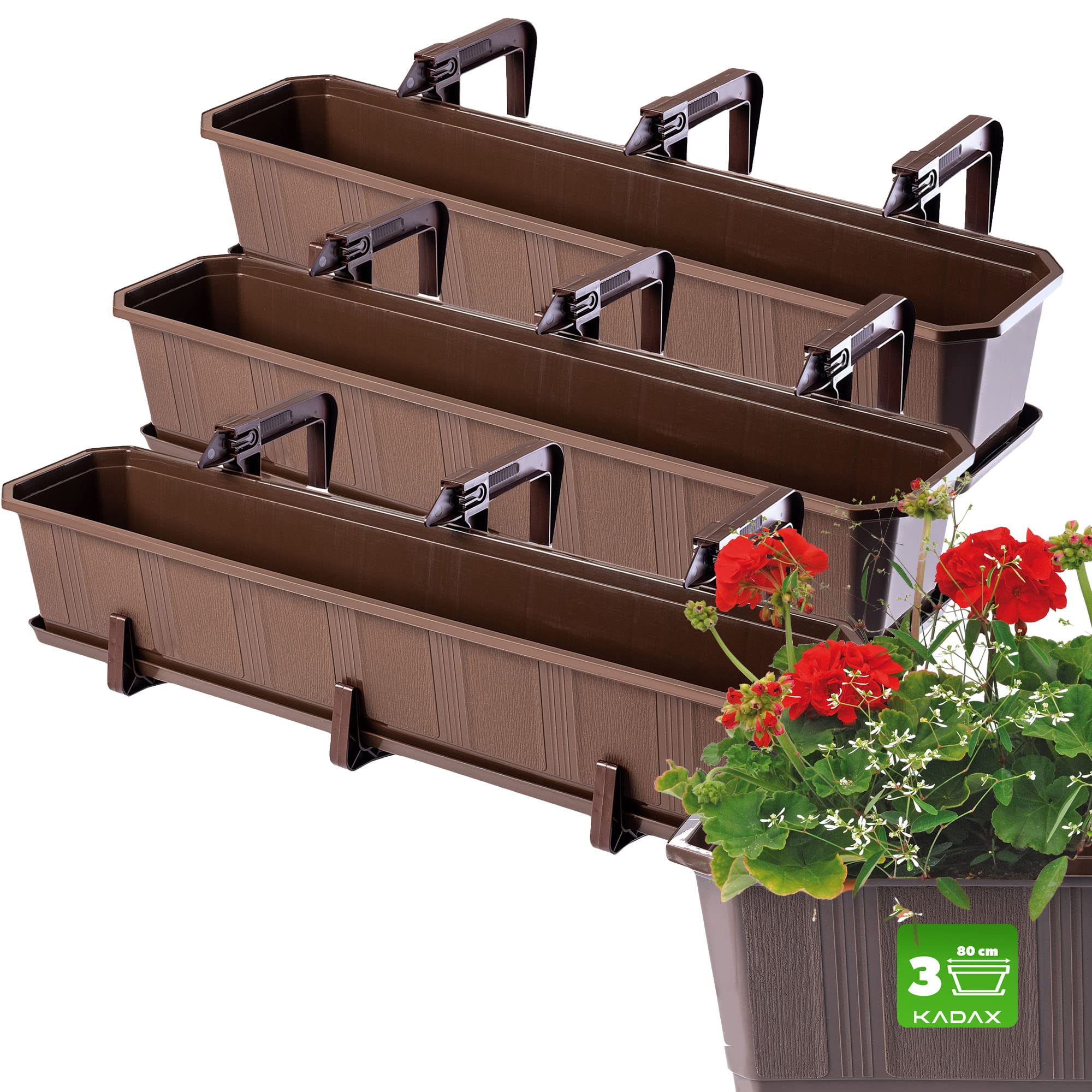 KADAX Jardineras Elegantes con Platos y Soportes para Barandillas de Balcón, Macetas Rectangulares de Plástico, Maceteros Colgantes (3: Marrón, 80 cm)