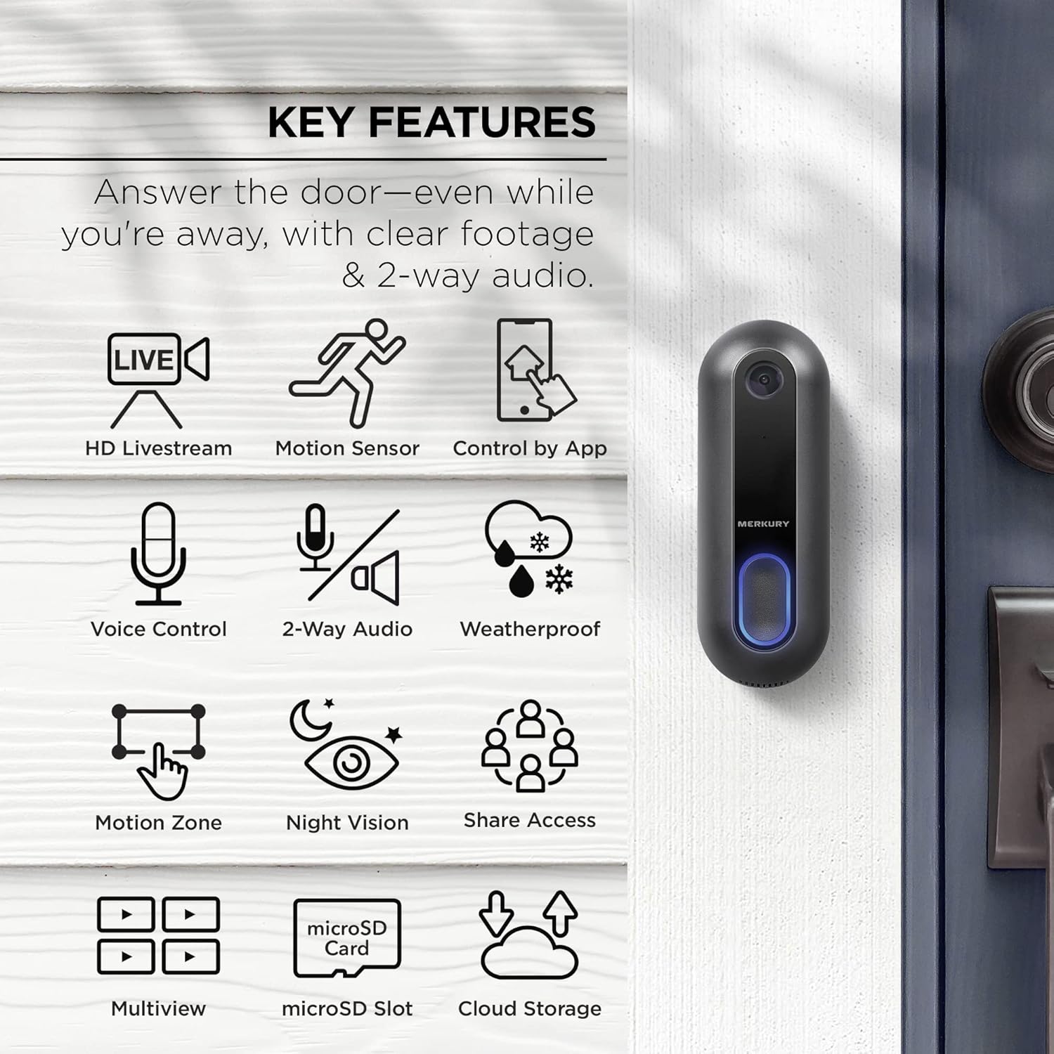 Merkury Innovations Smart Doorbell Camera, 1080p Video, Requires 2.4 Ghz Wi-Fi, Night Vision Camera, Motion Zones, Two-Way Speaker, Black