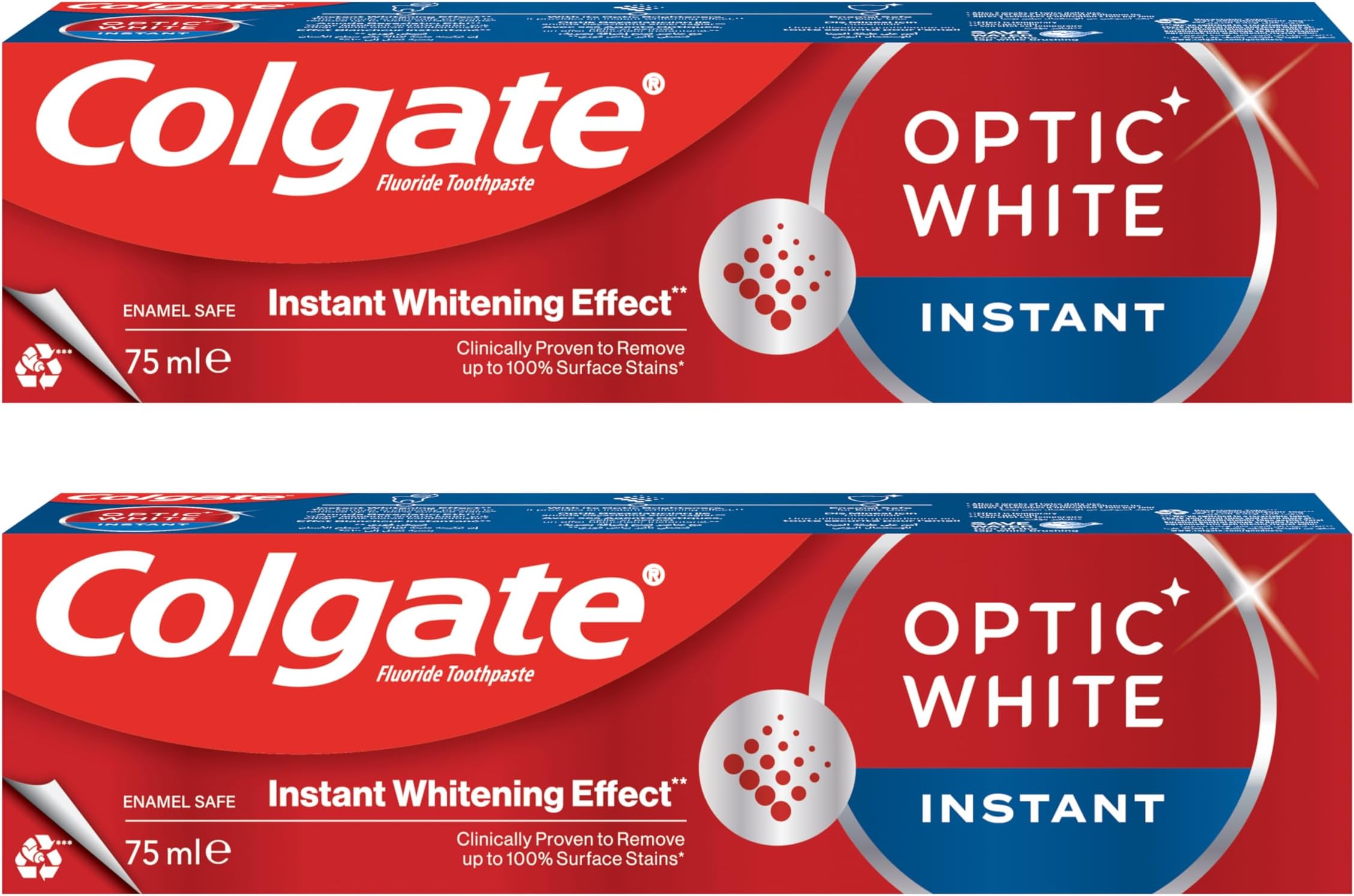 Colgate Optic White Instant Whitening Toothpaste - Fluoride Formula, Enamel Safe for Daily Use, 2x75ml, 2 Pack