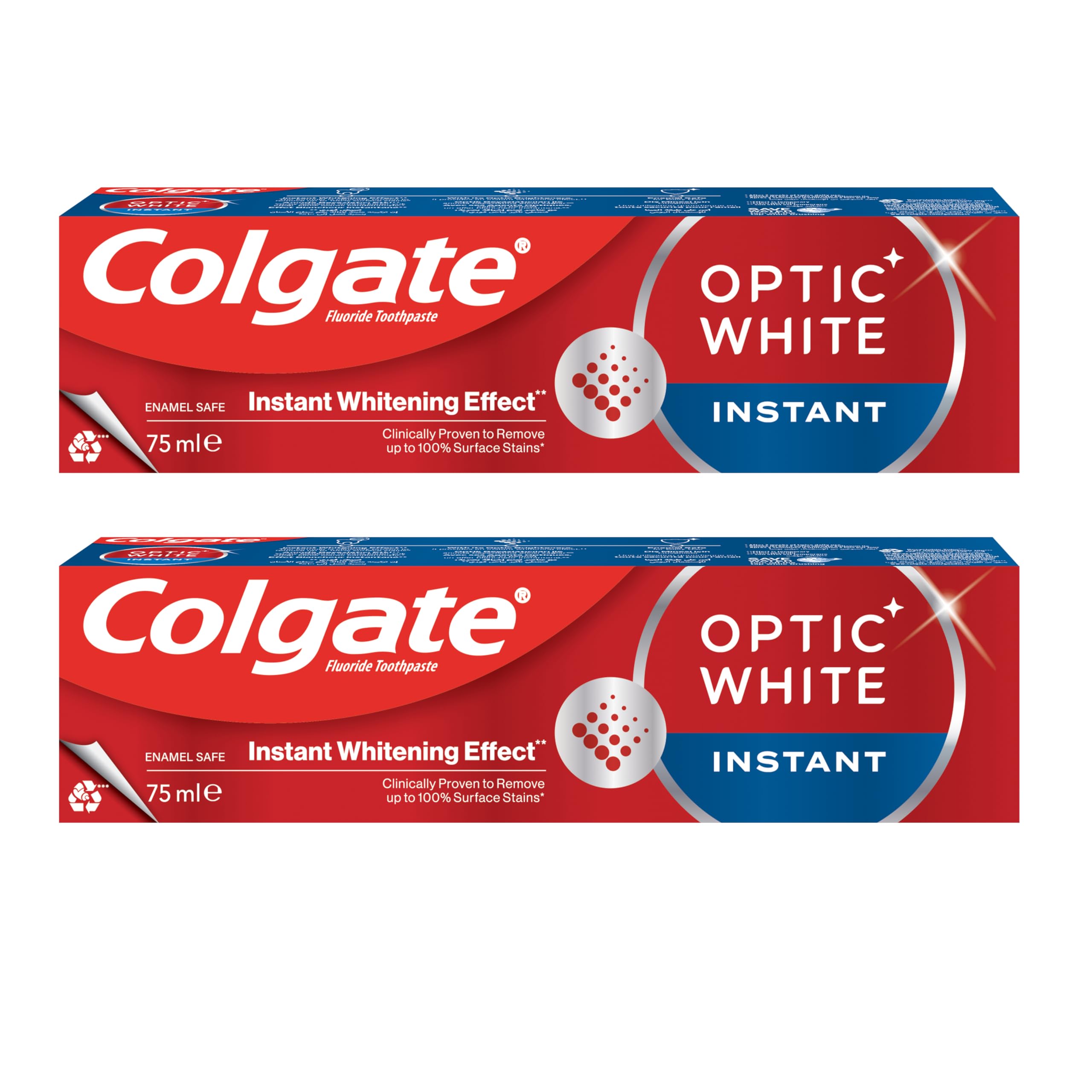 ColgateOptic White Instant Whitening Toothpaste - Fluoride Formula, Enamel Safe for Daily Use, 2x75ml, 2 Pack