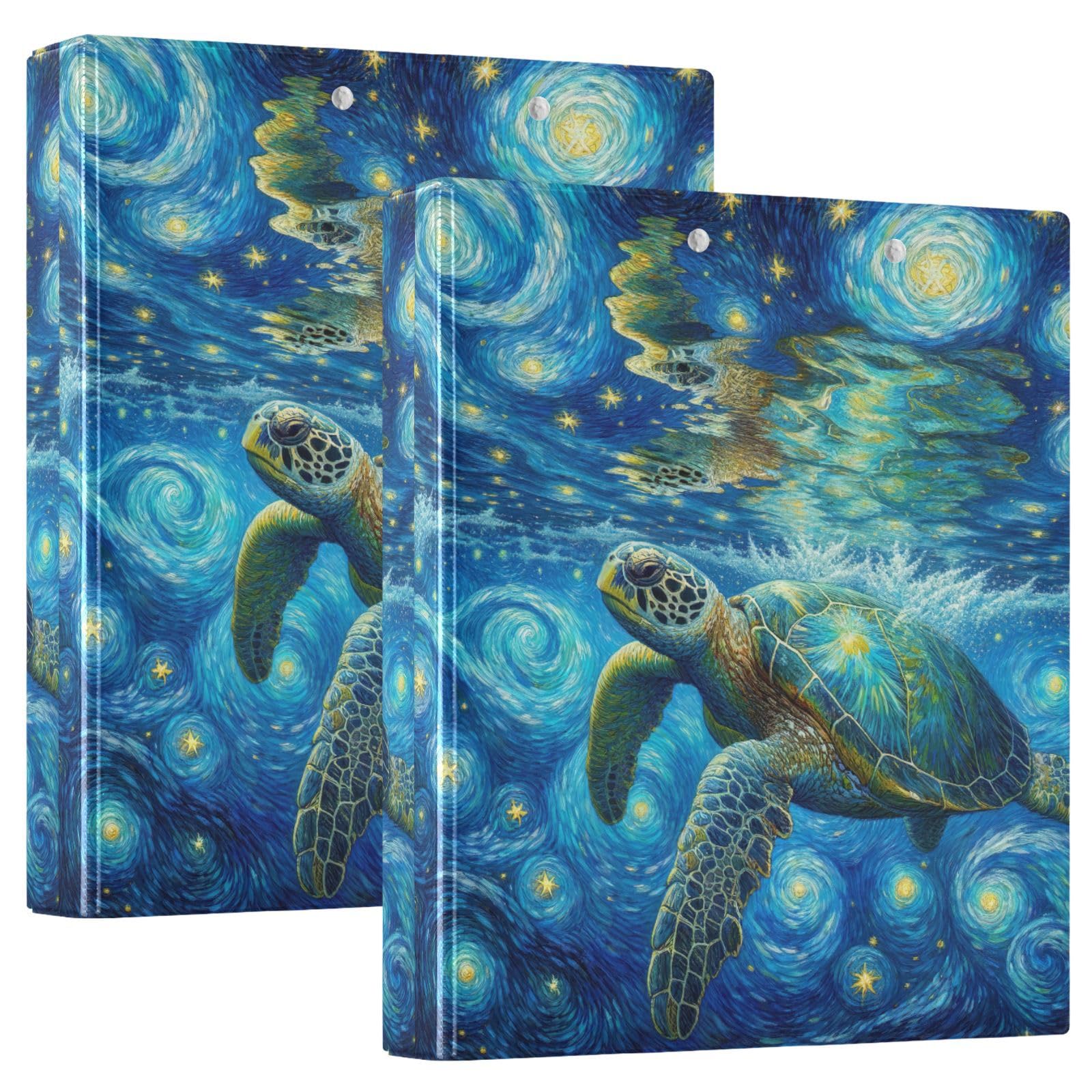 Raccoglitore a tre anelli stampato, 3,8 cm, raccoglitore ad anelli a D con tasche, raccoglitore decorativo per scuola, università o ufficio, tartaruga marina sotto la notte, taglia unica ex2