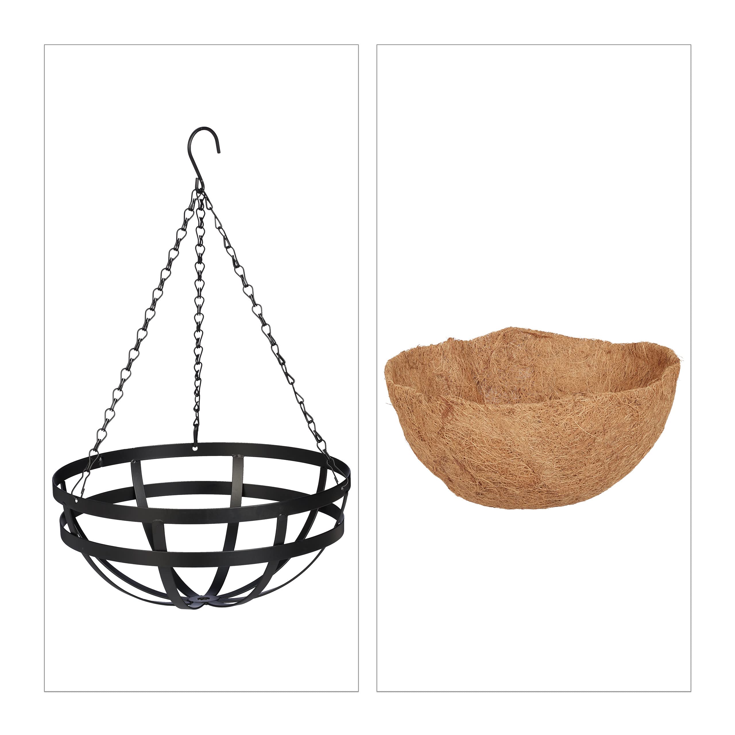 Relaxdays Vasi Sospesi per Piante, Set 3 Portavasi in Fibra di Cocco e Ferro, HD 50x31 cm, Indoor&Outdoor, Nero Naturale