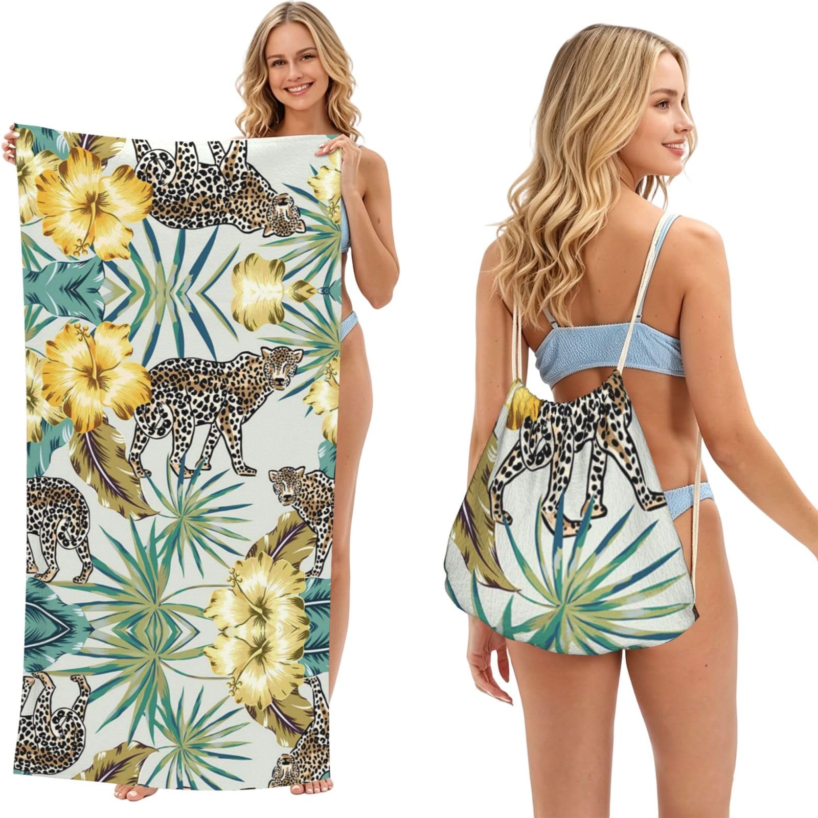 SATUSA Leopard And Palm Leaves Print 2-In-1 Foldable Beach Towel Backpack â€“ Camping, Yoga And Travel,Bath Towel With Built-In Storage, Convertible Beach Mat & Carry Bag
