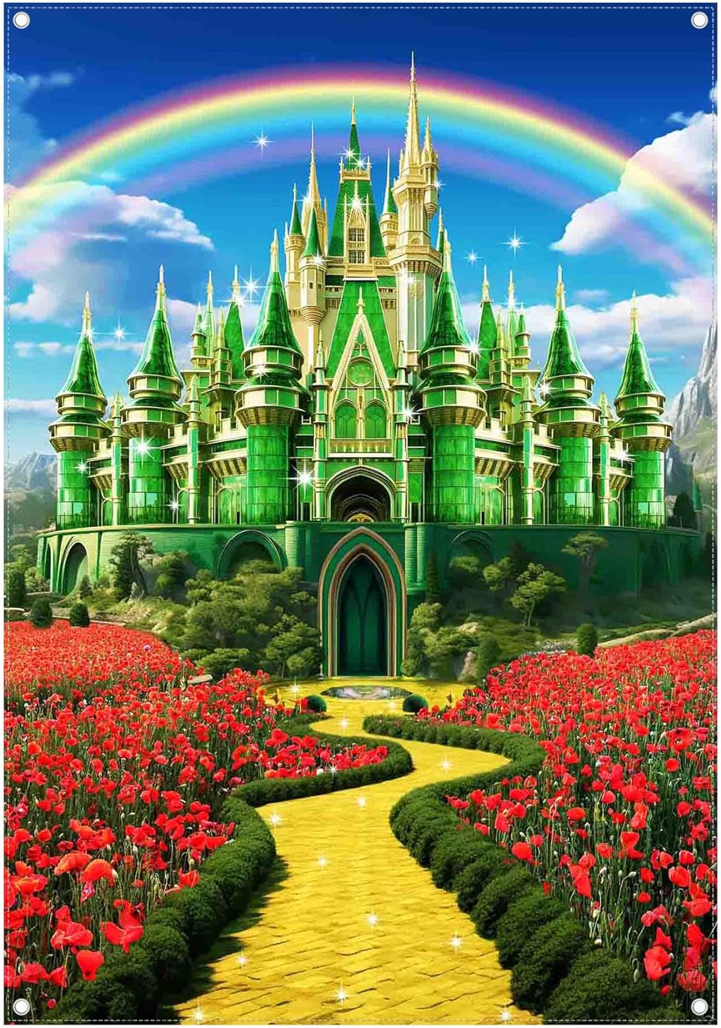 5x7ft Polyester Green Castle Backdrop Yellow Brick Road Rainbow Sky Photography Background Floral Banner Party Decorations Photo Props 5'x7'
