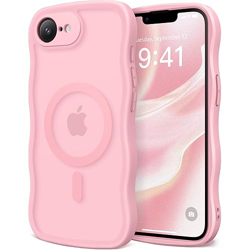 for iPhone 16e Case for Women Girls, Upgraded [Full Camera Protection] [Compatible with MagSafe] Cute Wave Translucent Matte Phone Case for iPhone SE 4 6.1-Inch, PeachPink