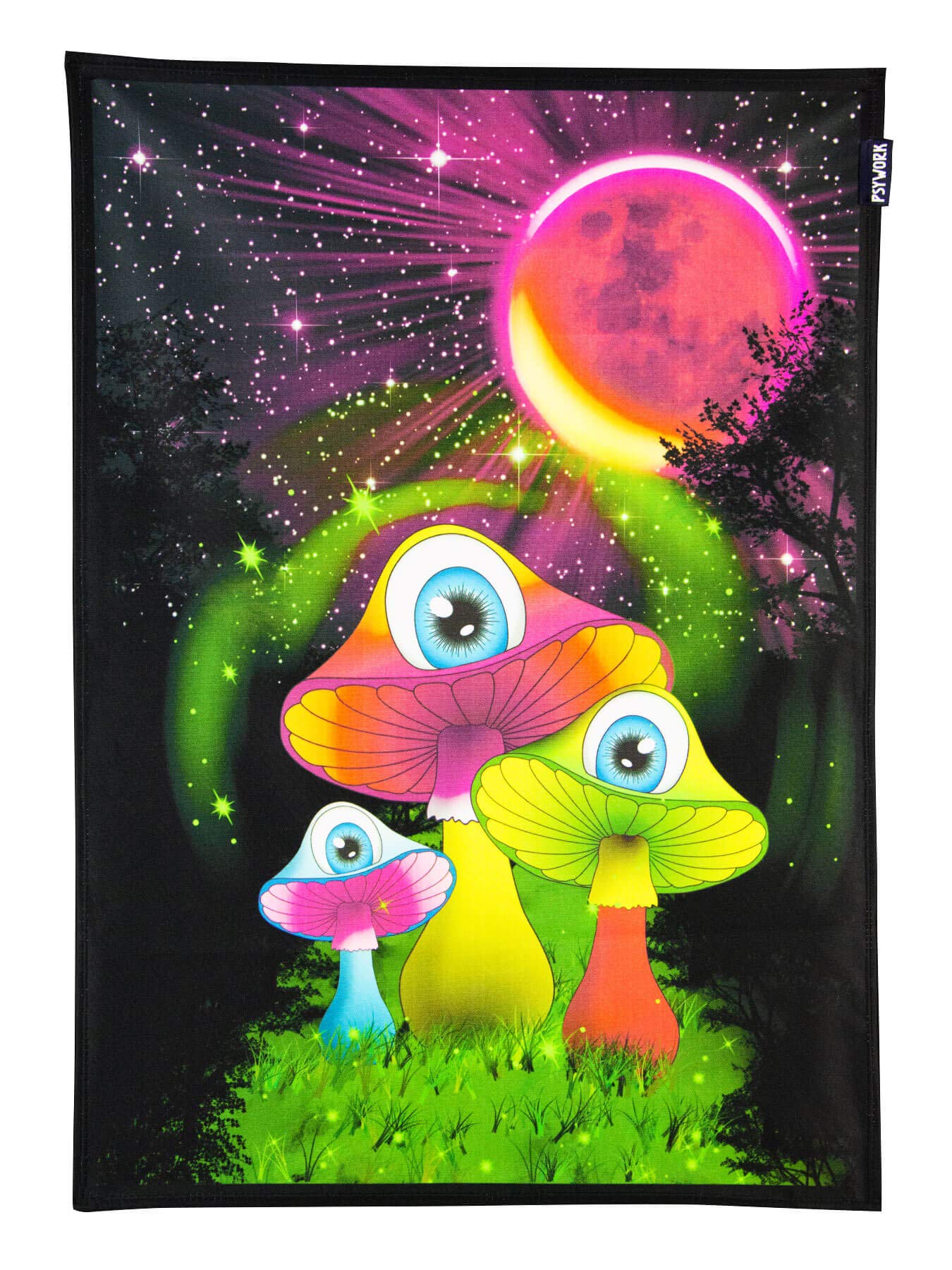 PSYWORK Blacklight Fabric Poster Neon | Redmoon Mushrooms | 0.5 x 0.7 m | UV-Active | Fluorescent | Wall Hanging Fabric Banner Poster Wall Picture Art Print Decorative Picture Decoration Tapestry
