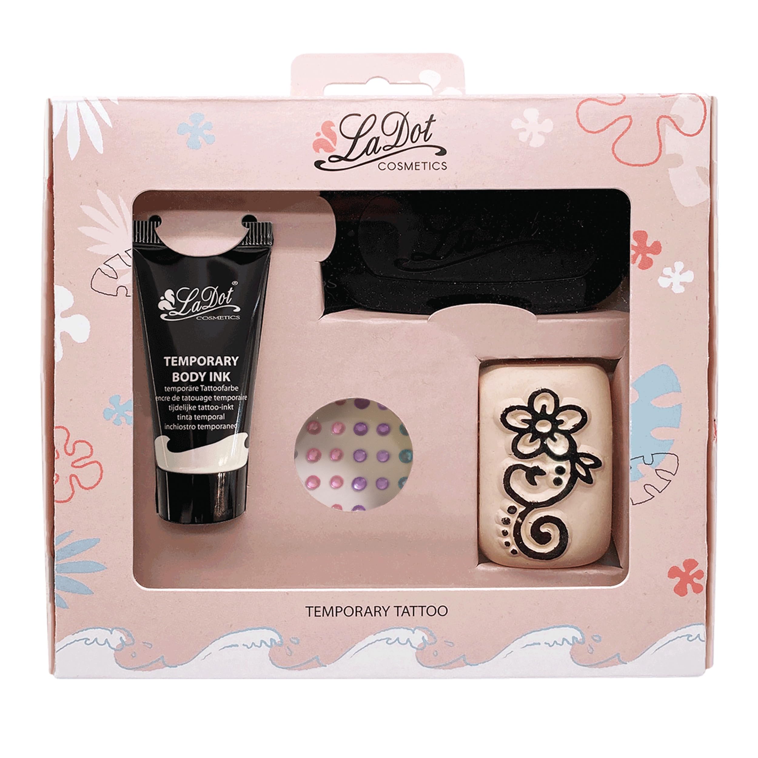 LaDot Kit Tatuajes Temporales Adultos y Niños, Tatuajes Falsos Suaves para la Piel, Sello y Tinta para Tatuaje Temporal para el Cuerpo y el Brazo, Resistente al Agua, 4 pza.