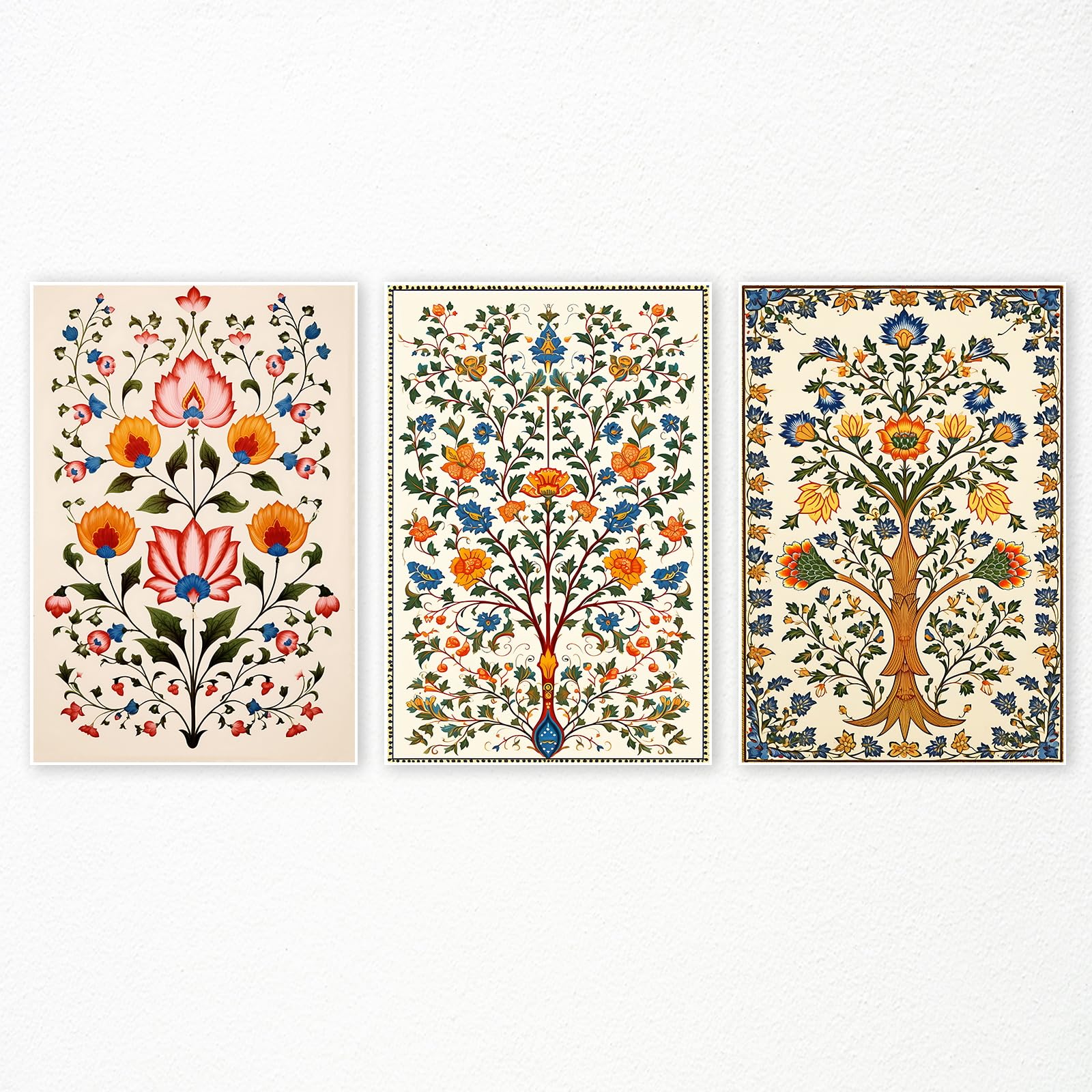 foefvpeft Flower Canvas Wall Art, 3 Piece 12x16in Indian Folk Art Prints, Indian Floral Painting Poster, Colorful Vintage Botanical Plant Pictures for Gallery Wall Artwork Living Room Unframed
