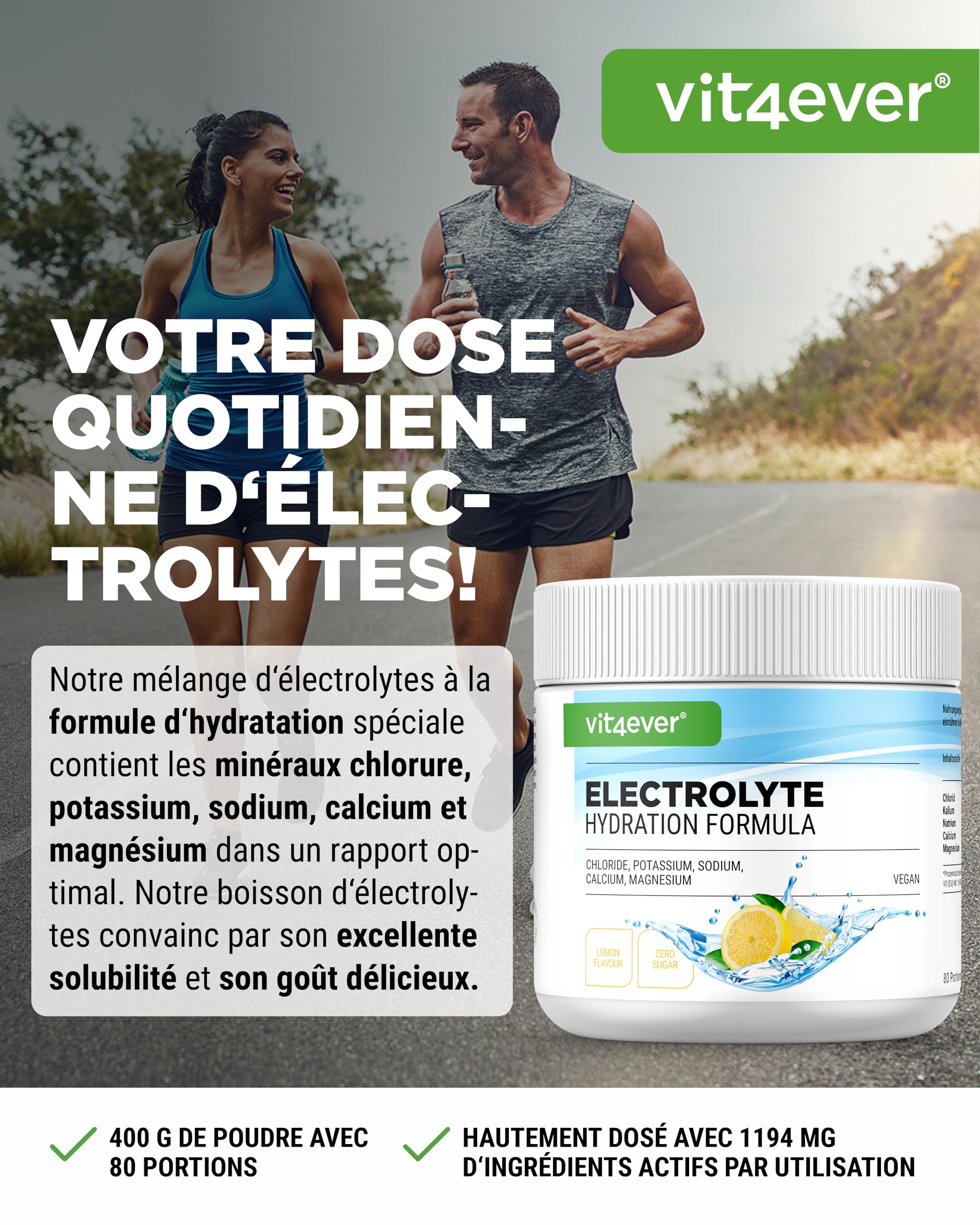 Electrolytes - 400 g (80 portions) - Formule d'hydratation avec chlorure, potassium, sodium, calcium, magnésium - Parfait pour les sportifs en cas de déshydratation - Sans sucre - Vegan - Goût citron