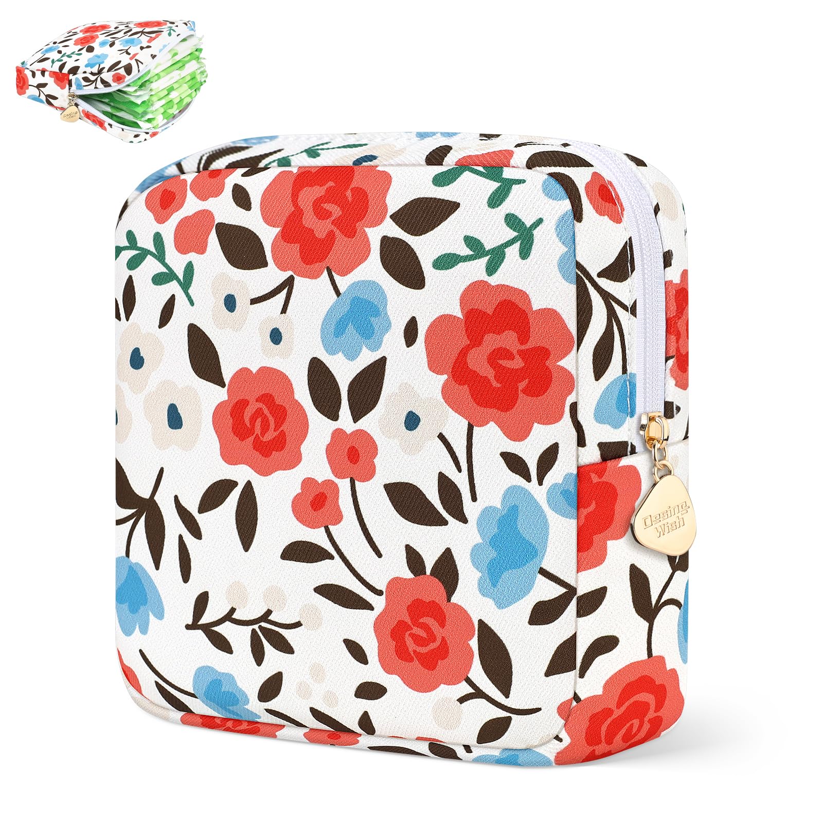 Sanitary Pad Storage Bag Portable Period Bag for Teen Pads/Sanitary Napkins/Small Tampons, Sanitary Napkin Storage Bag First Period Gifts for Teen Girls (Rose Garden)