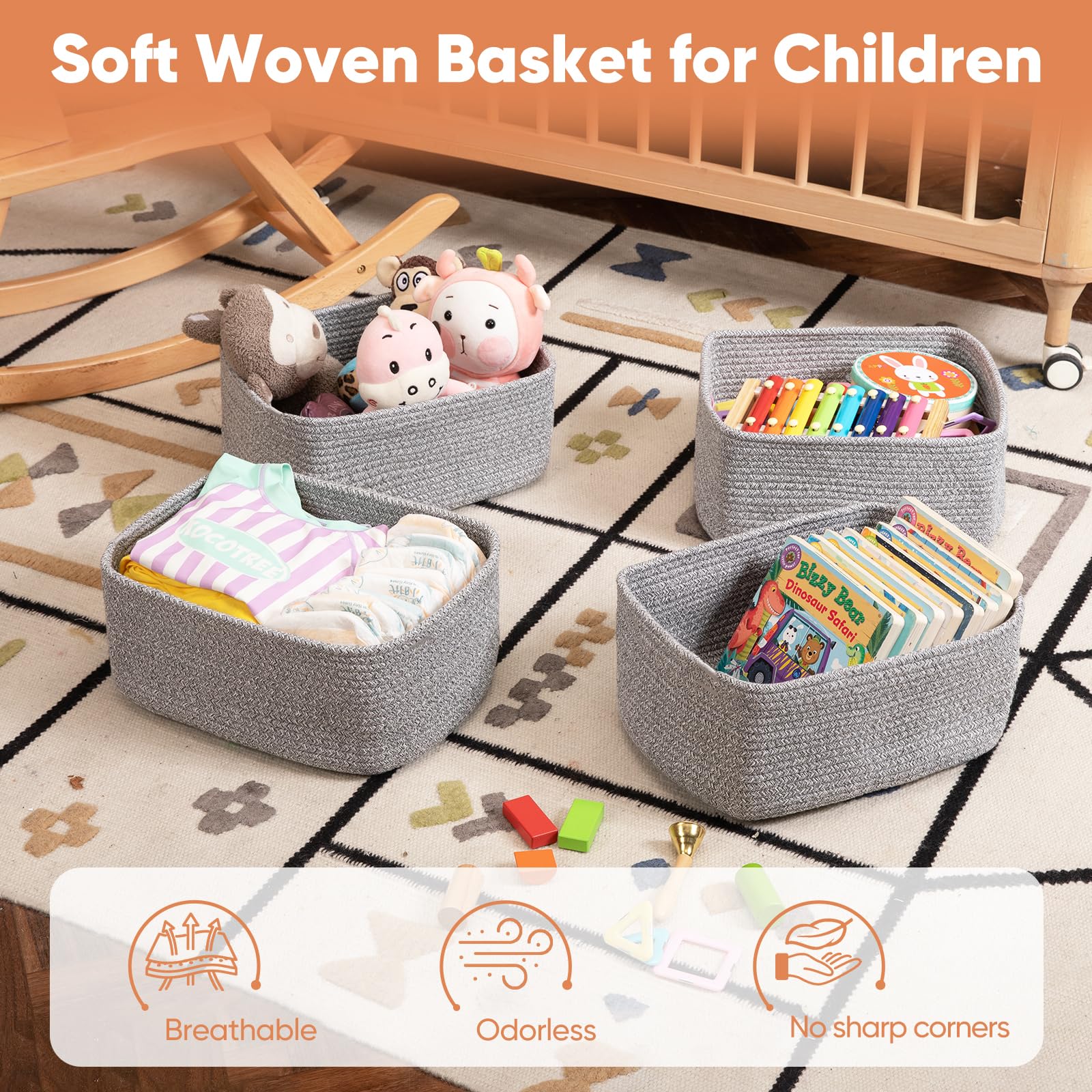 Paquete de 4 cestas de almacenamiento de 14.17 x 11.02 x 6.3 pulgadas para organizar estantes, cestas de cuerda tejida para organizar libros, ropa, cesta decorativa para sala de estar 4