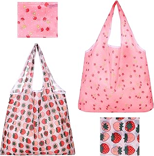 2 Pack Large Reusable Grocery Bags - Foldable Reusable Shopping Bags, Washable Polyester Tote with Handles, Eco-Friendly and Compact for Travel & Daily Use (Pink & Red)