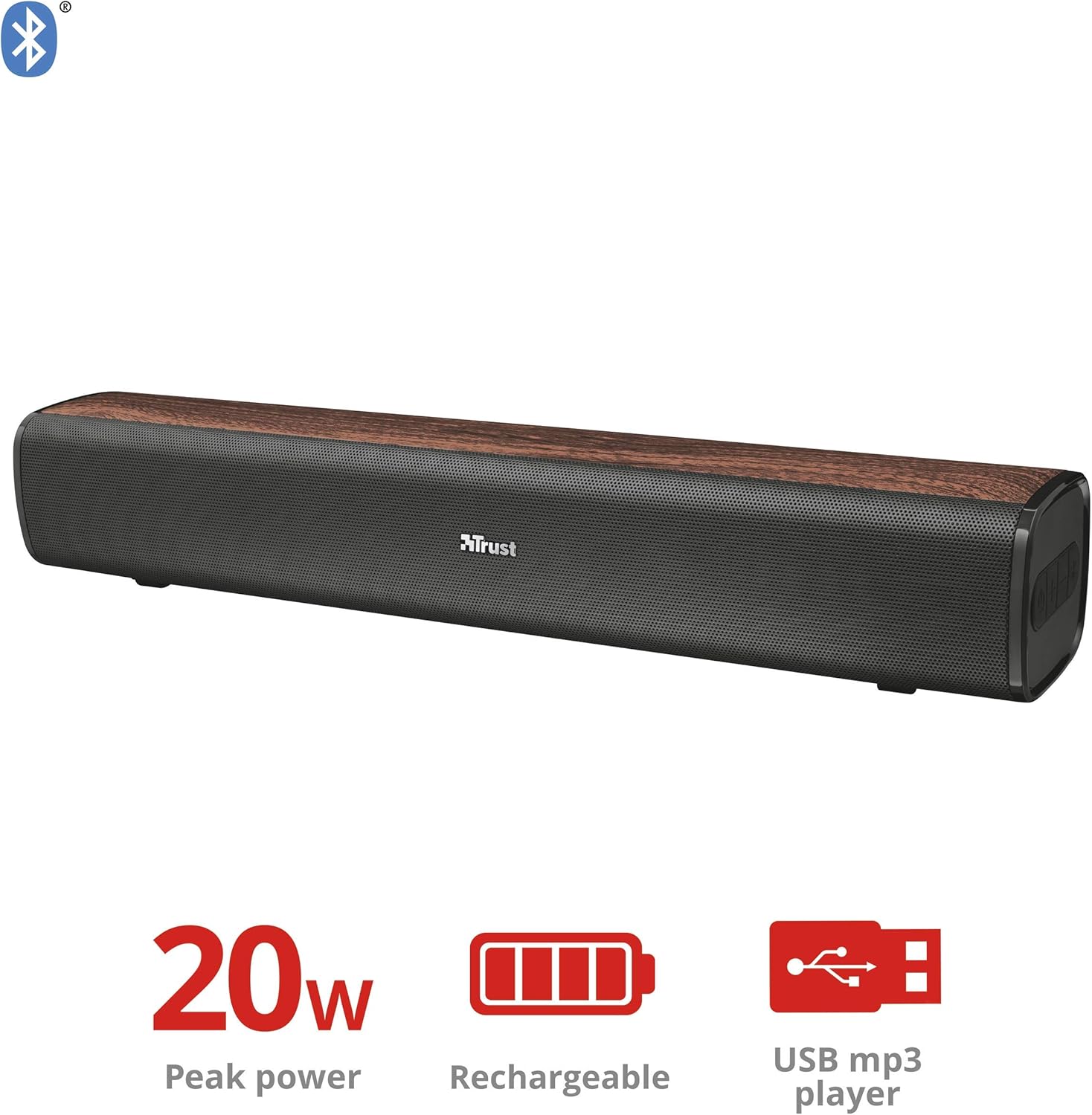 Trust Vigor 22867 Wireless Bluetooth Soundbar front view kalawan ikon fitur