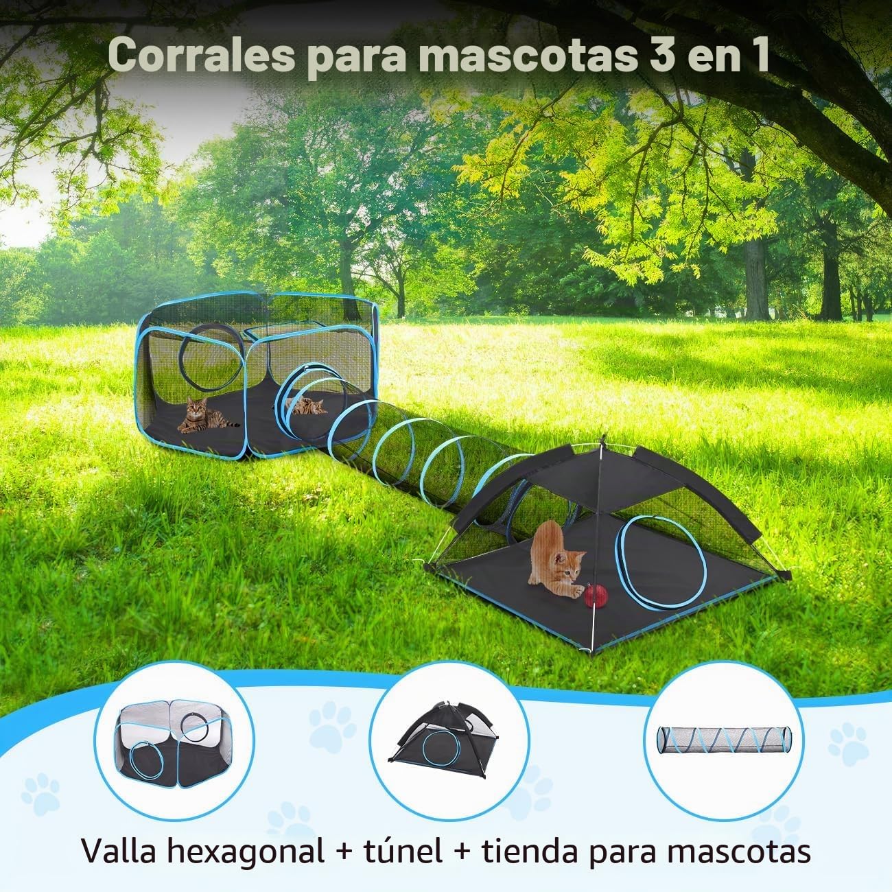 Pawaboo Parque para Mascotas con Túnel Portátil, 3 en 1 Túnel para Gatos Plegable con Tienda y Parque de Malla Transpirable, Corralito para Gatos Conejos Animales Pequeños, Azul Claro + Negro