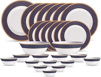 La Opala Diva Sovrana Collection Opal Glass Crockery | for Family of 6 | Dinner Set 27 pcs Regent Blue | Plates & Bowls for Dining | Microwave Safe | 100% Vegetarian | Extra Strong | Light & White