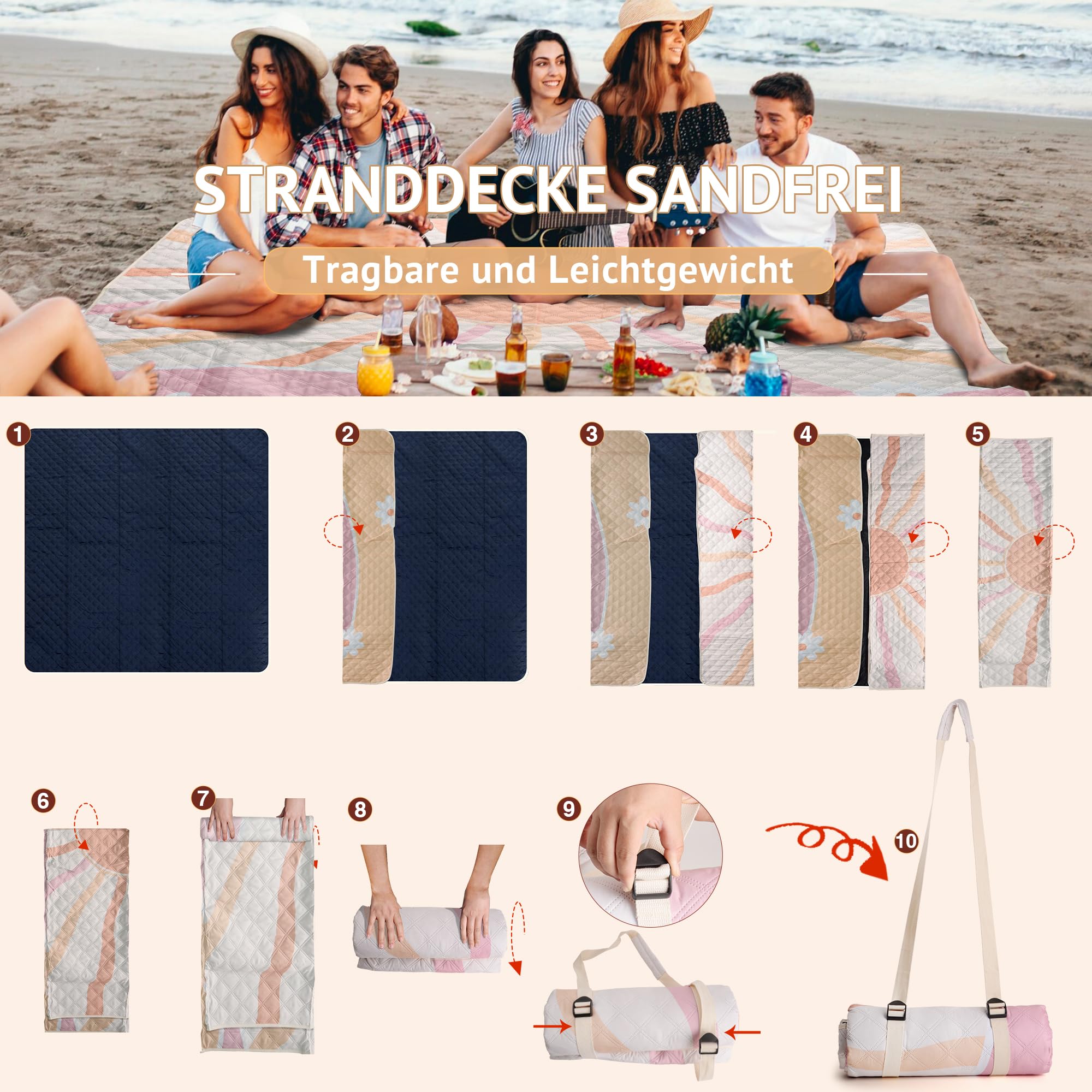 LARUTAN LARUTANPicknickdecke, wasserdicht, maschinenwaschbar, tragbare Stranddecke mit Tragegurt - für Strand, Picknick & Camping Sicilia 200 x 300 cm,