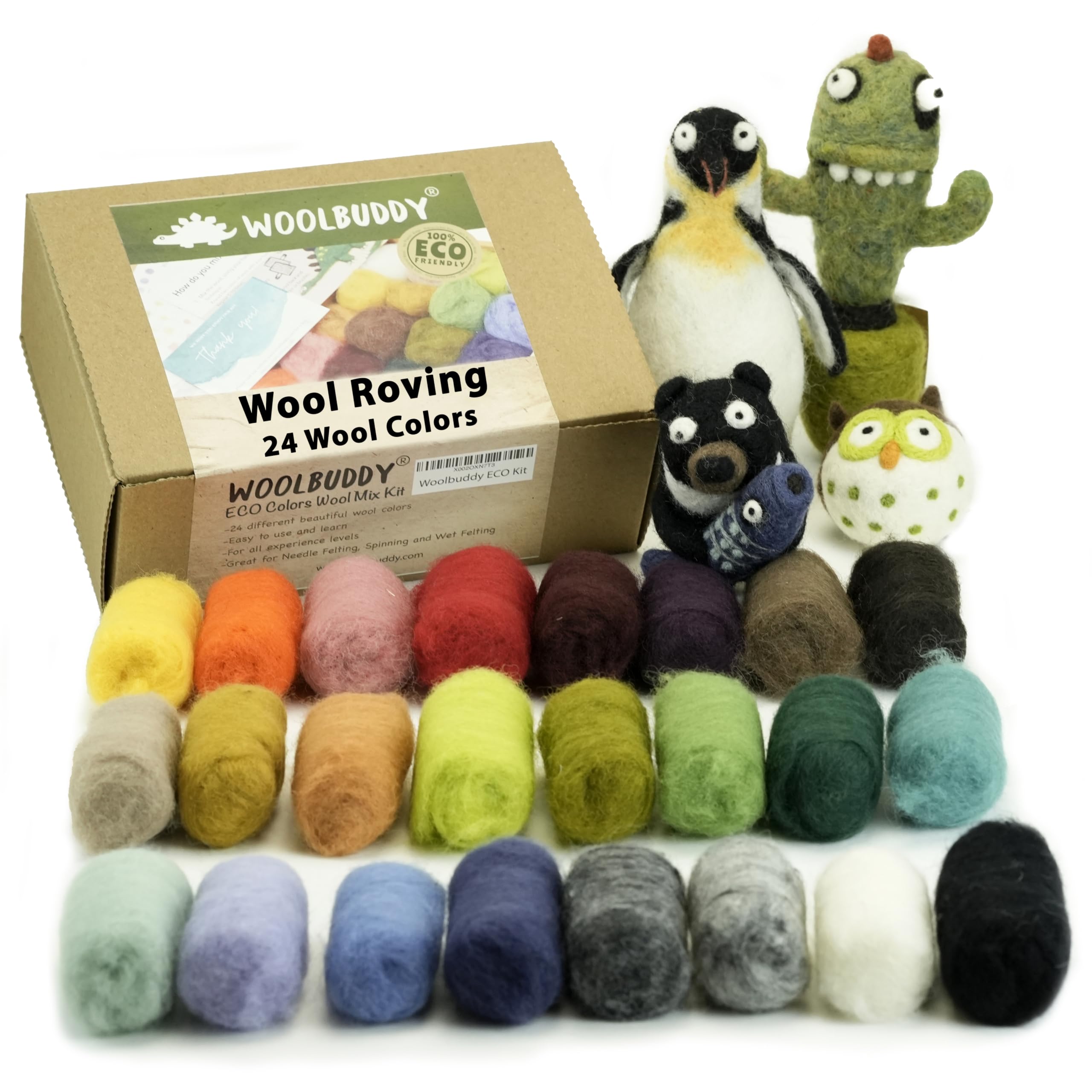 Woolbuddy Wool Roving Kit – 24 Assorted Corriedale Colors with Felting Guide – Clean, Carded Core Wool for Needle & Wet Felting – Craft Supplies for All LevelsOEKO-TEX STANDARD 100