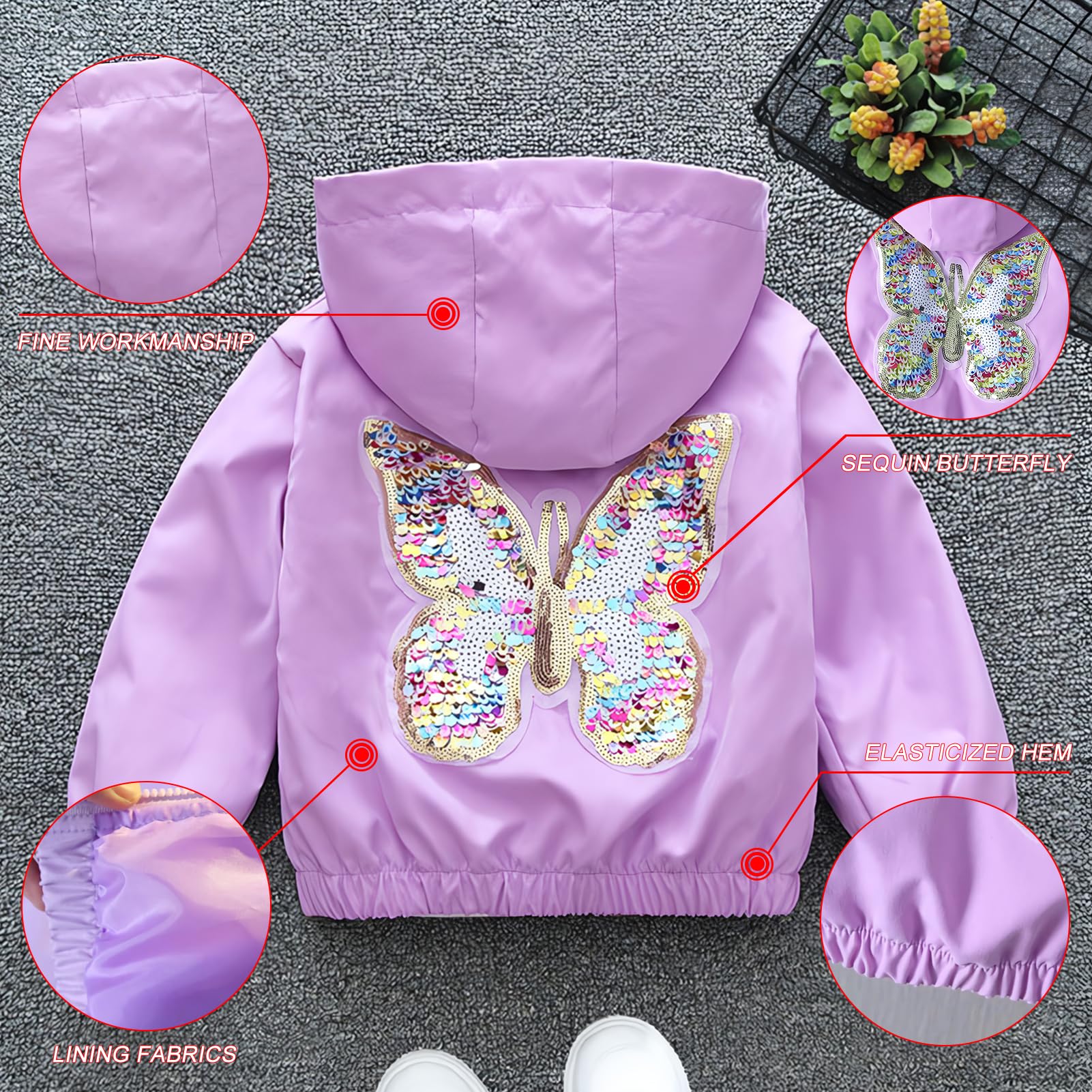 Manteau Fille Veste à Capuche Enfant Blouson Extérieure Trenchcoat avec Motif Papillon Printemps Automne