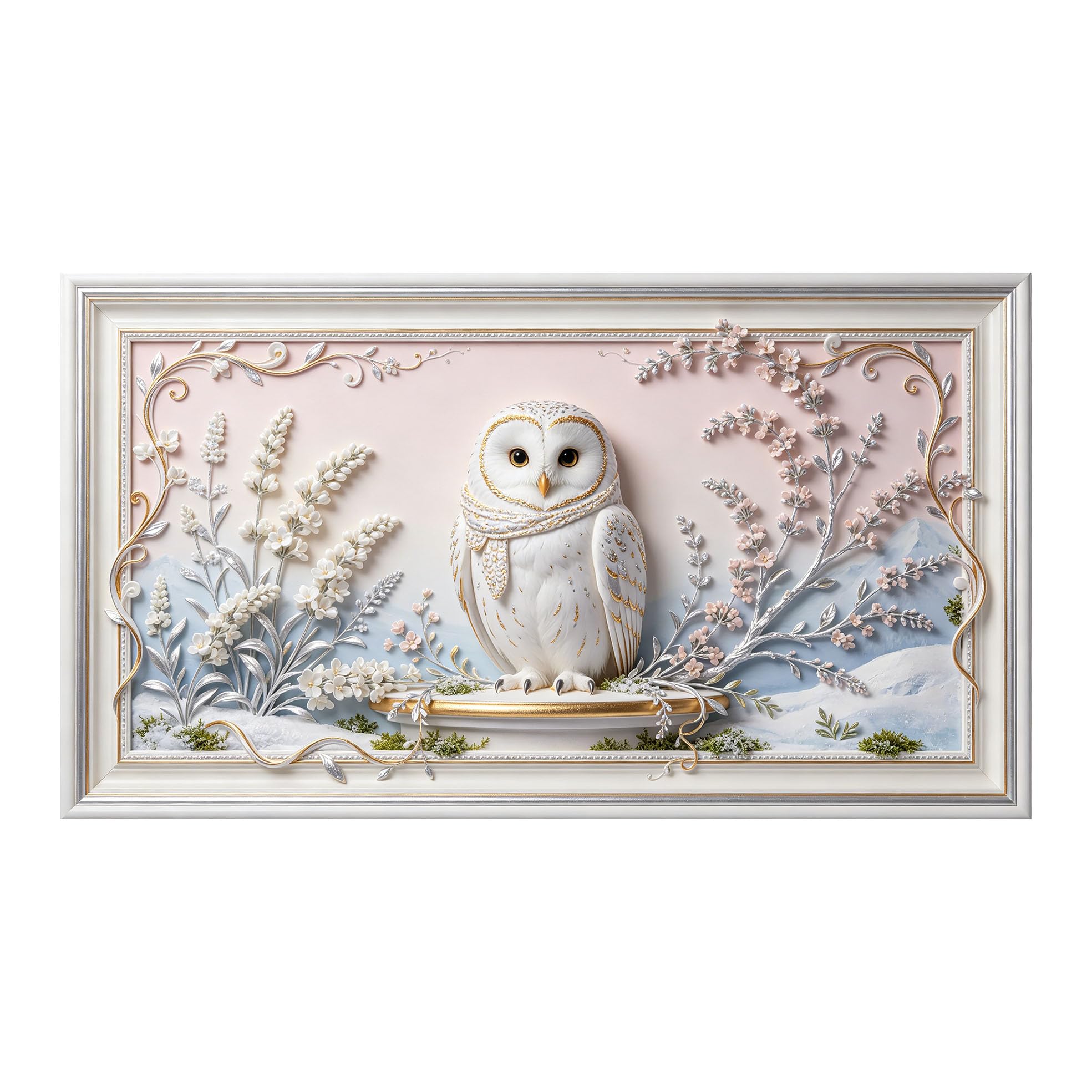 Murasolite 3D 3D Framed Wall Art 50cm×90cm Snowy Owl Floral Pastoral Landscape SelfAdhesive Fabric Mural Wall Decor, Peel and Stick No Damage to Wall for Bedroom Living Room