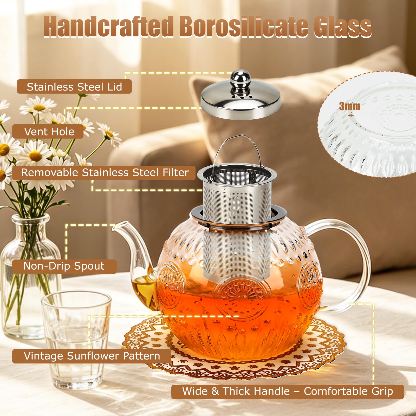 Teiera in vetro da 1500 ml, con infusore e sottopentola, per 4-6 tazze | Teiera in vetro borosilicato per foglie sfuse e tè in fiore, bustine di tè, lavabile in lavastoviglie e congelatore