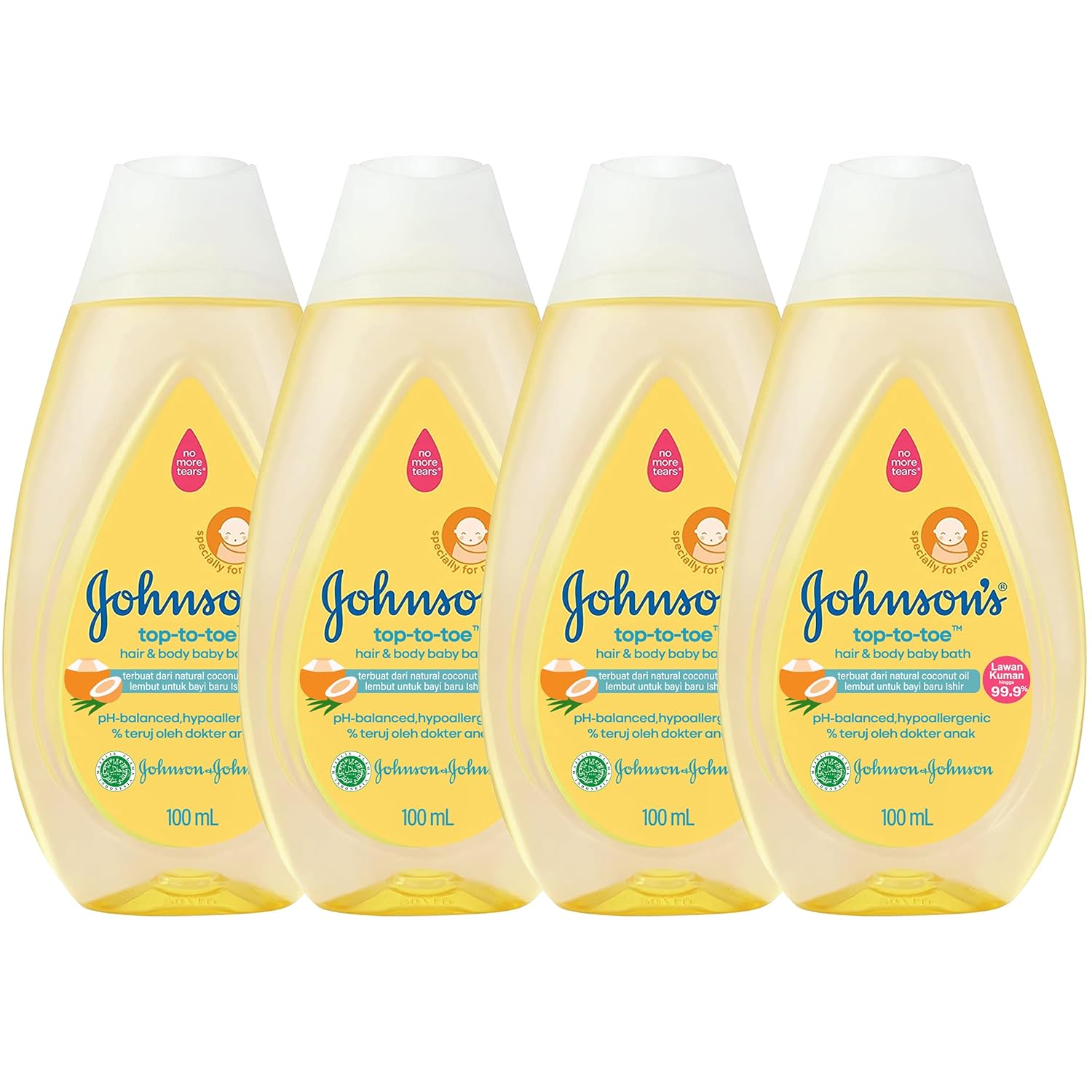 Johnson's Top-to-Toe Baby Wash and Shampoo, 4 Pack 3.38 oz. Travel Size Bottles, Natural Coconut Oil Gentle Hair and Body Baby Bath with Tear-Free Formula, Free of Parabens, Sulfates and Dyes