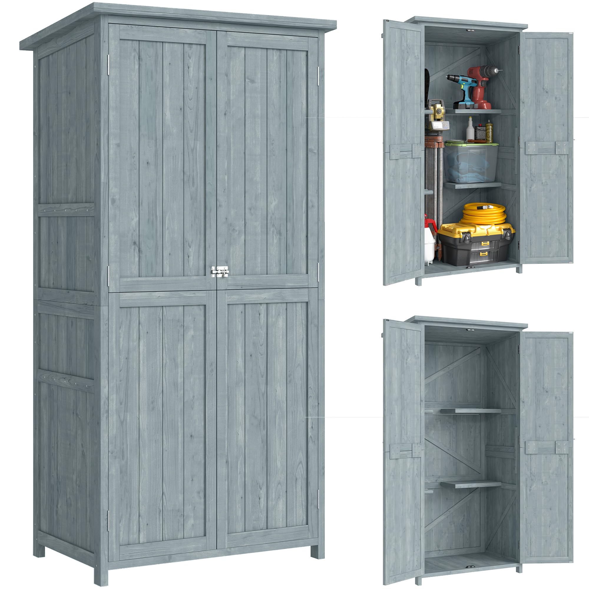 Outsunny Armadio da Giardino in Legno di Abete con Kit Antiribaltamento, Casetta Porta Attrezzi da Esterno con 2 Ante Bloccabili, 2 Ripiani, 10 Ganci, Tetto Inclinato Asfalto, 85x54x170 cm, Grigio