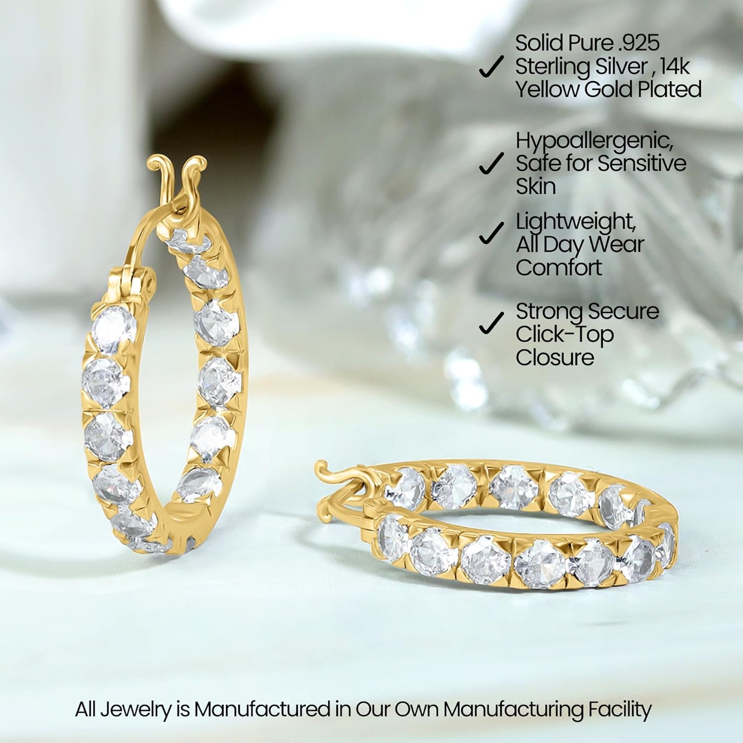 Hoops & Loops 925 Sterling Silver Cubic Zirconia White CZ Inside Out 20mm Round Hoop Click-Top Earrings for Women, Silver, Rose & Yellow Gold - Image 4