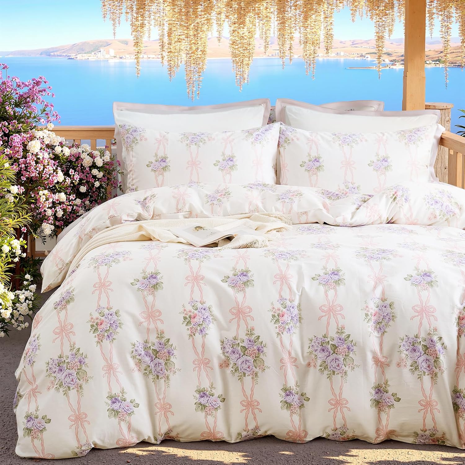 100% Natural Cotton Duvet Cover Queen Botanical Floral Duvet Cover Set with Purple Luxurious Flowers & Pink Bow Pattern 3 Pcs Ultra Soft Comforter Cover with Zipper Closure
