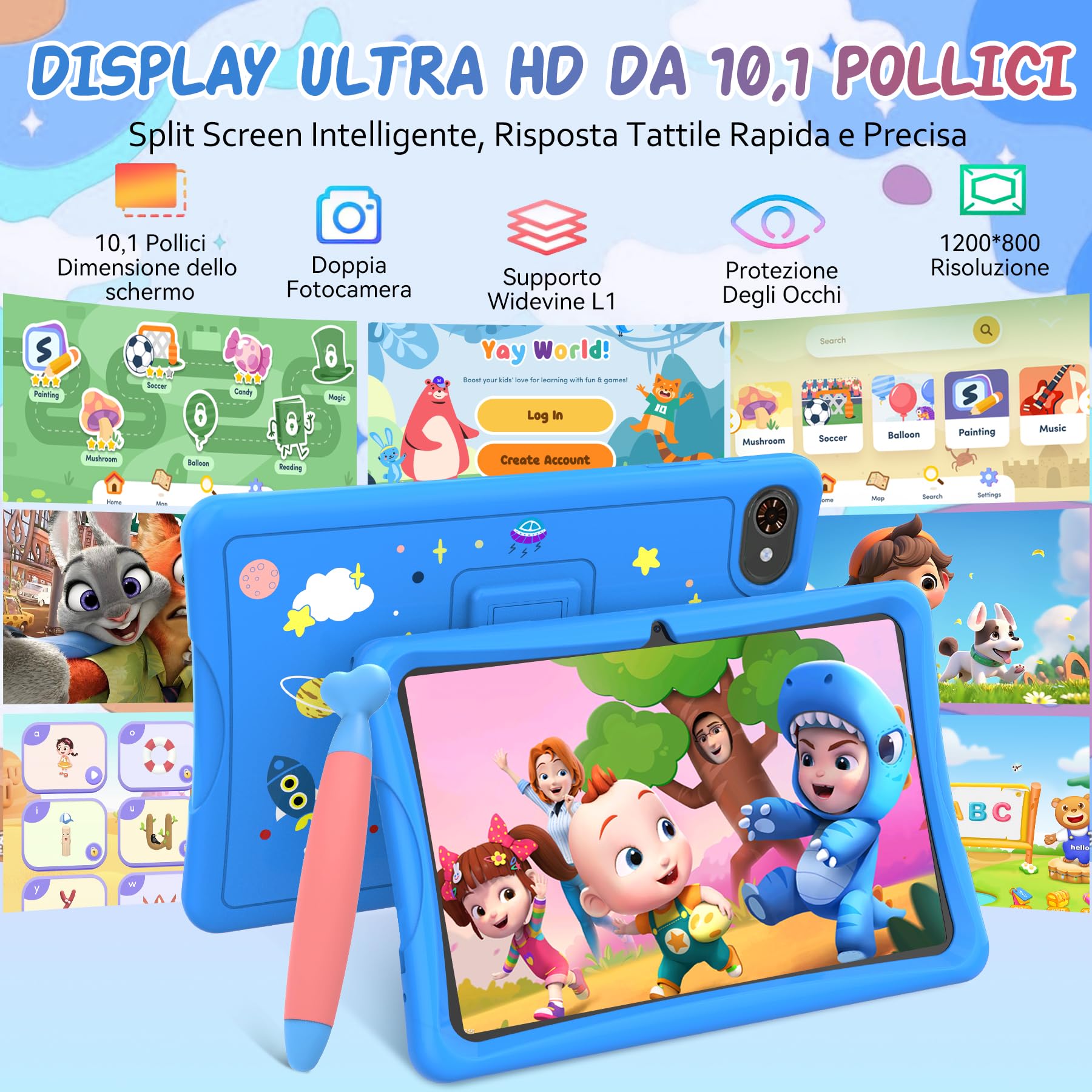 TABWEE Tablet per Bambini 10 Pollici, Tablets Android 15, 12 GB RAM + 64 GB ROM (2 TB TF), 5G WiFi, Bluetooth 5.0, 5000mAh, Controllo Genitori, Tablet Educativo per Bambini con Custodia EVE