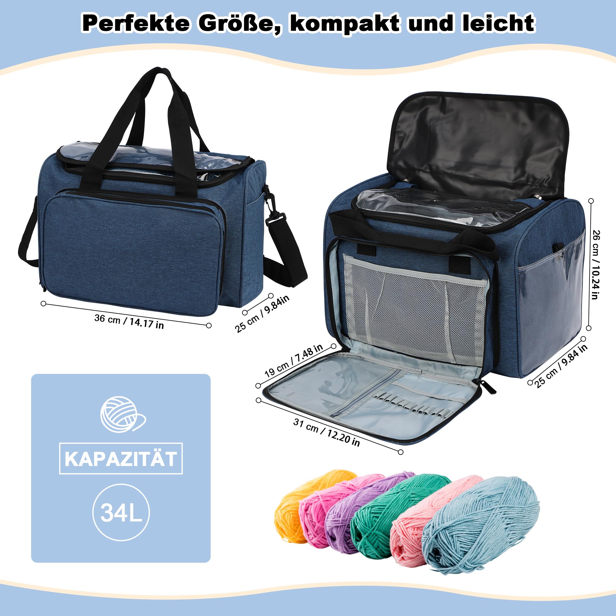 JOZEA Garn Stricken Lagerung Tote-große Kapazität häkeln Veranstalter tragbare Reisetasche mit Schultergurt häkeln Haken Fall für unfertige Bulk-Projekt（Blue