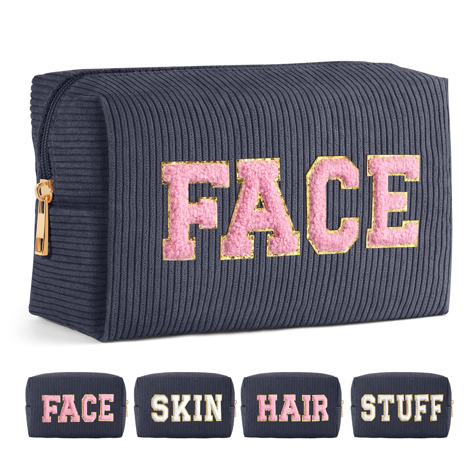 MAGEFY Small Makeup Bag for Purse Portable Makeup Pouch with Compartments Corduroy Make up Bag for Women Travel Cosmetic Essential (Dark Gray, FACE)