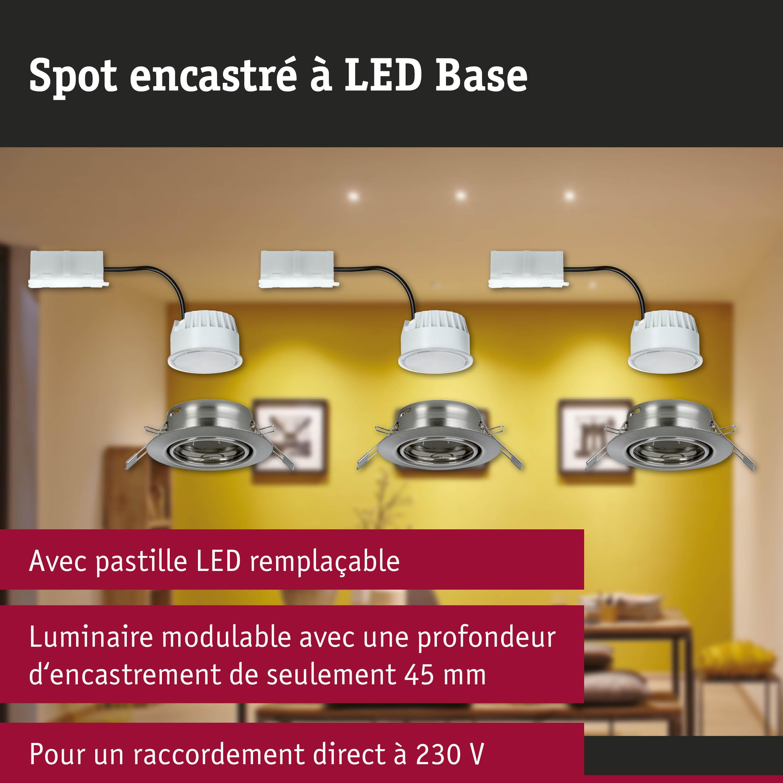 Paulmann 93421 Spot encastré LED Base rond incl. 3x5W projecteurs encastrés Acier brossé spot métal lampe encastrée 3000 K