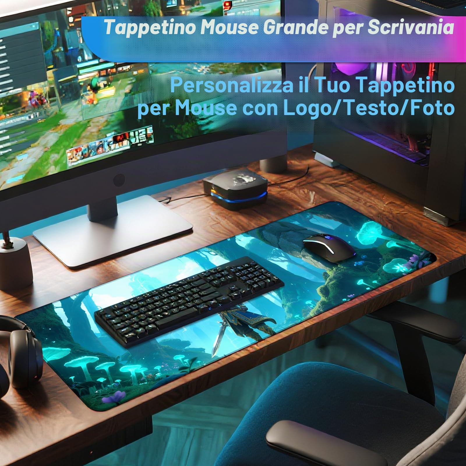 Tappetino Mouse Personalizzato - Base Antiscivolo- XXL Tappetino Mouse Da Gioco Grande Personalizzato, Perfetto Per Postazioni Gaming E Di Ufficio - 900 X 400 Mm