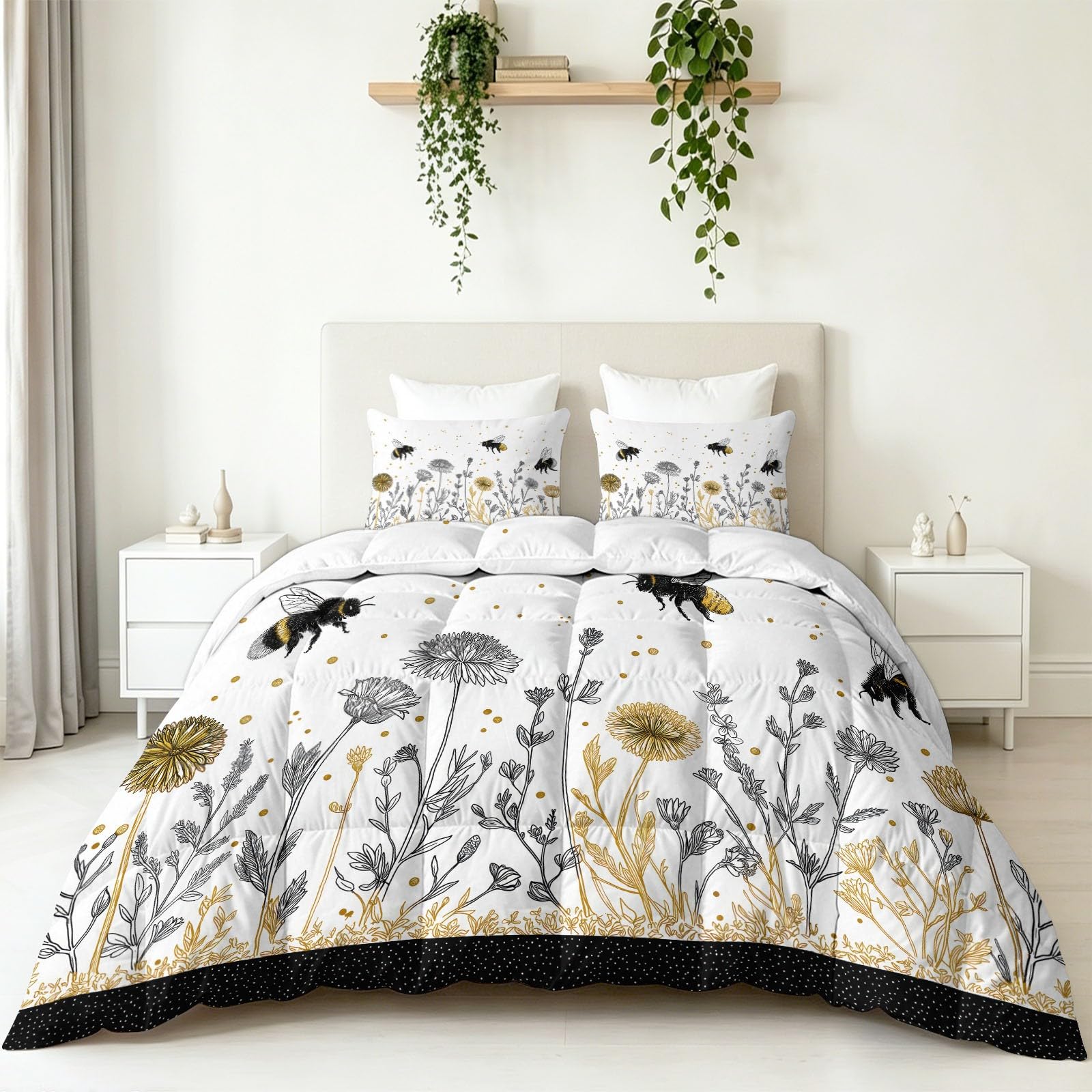Kołdra całoroczna w stylu vintage, 200 x 200 cm, narzuta na owady, pszczoły, rośliny, kołdra pikowana, na 4 pory roku, dwustronna, miękka, ciepła kołdra do spania