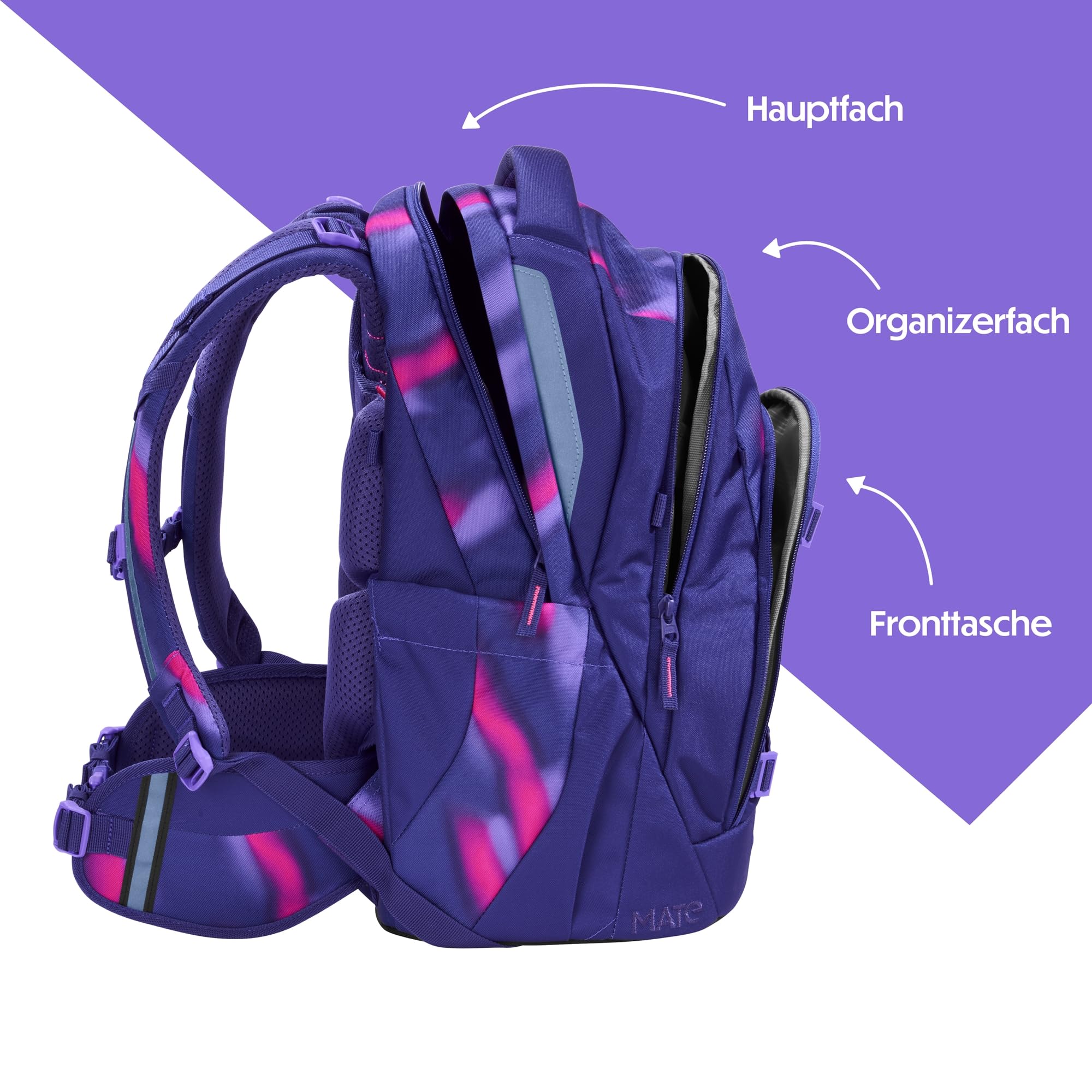 Coocazoo Mate - Zaino per la scuola, ergonomico, regolabile in altezza e dimensione, con cintura toracica e cintura in vita, Aurora Glow - Viola, Aurora Glow