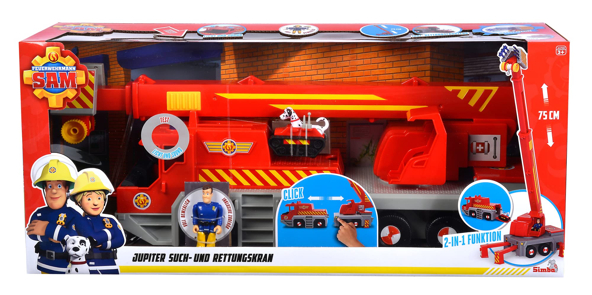 Simba 109252517 - Feuerwehrmann Sam Spielzeug-Kran (50 cm) - 2-in-1 Rettungs-Fahrzeug (Auto & Kran) für Kinder ab 3 Jahren, mit Seilwinde, Figur, Licht & Sound (inkl. Batterien)