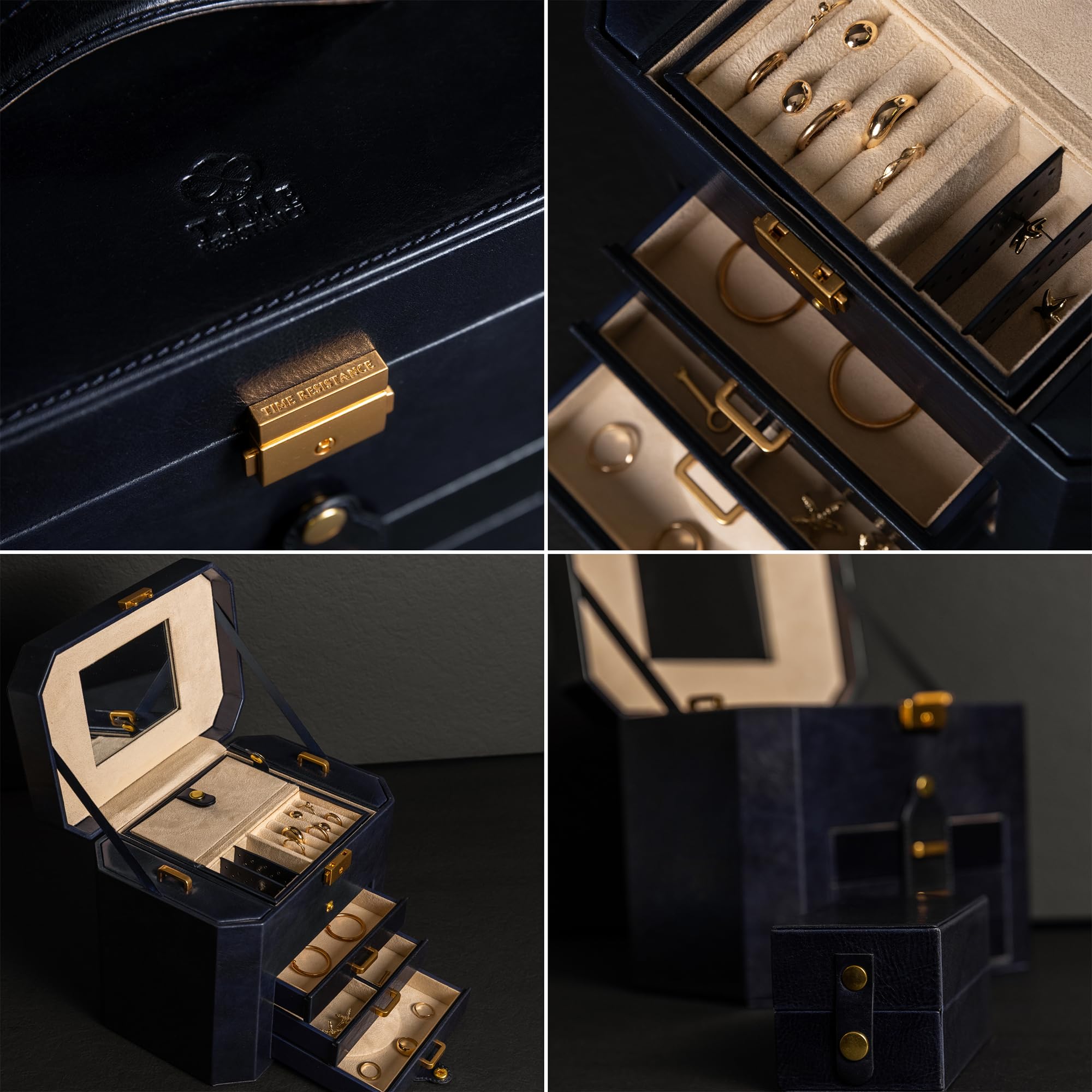 Time Resistance Leder Schmuckkästchen - Marineblaue Schmuckaufbewahrung - Schmuck Verstauen - Schmuckkasten mit Spiegel - Schmuck Organizer mit Vielen Fächern - Jewelry Box