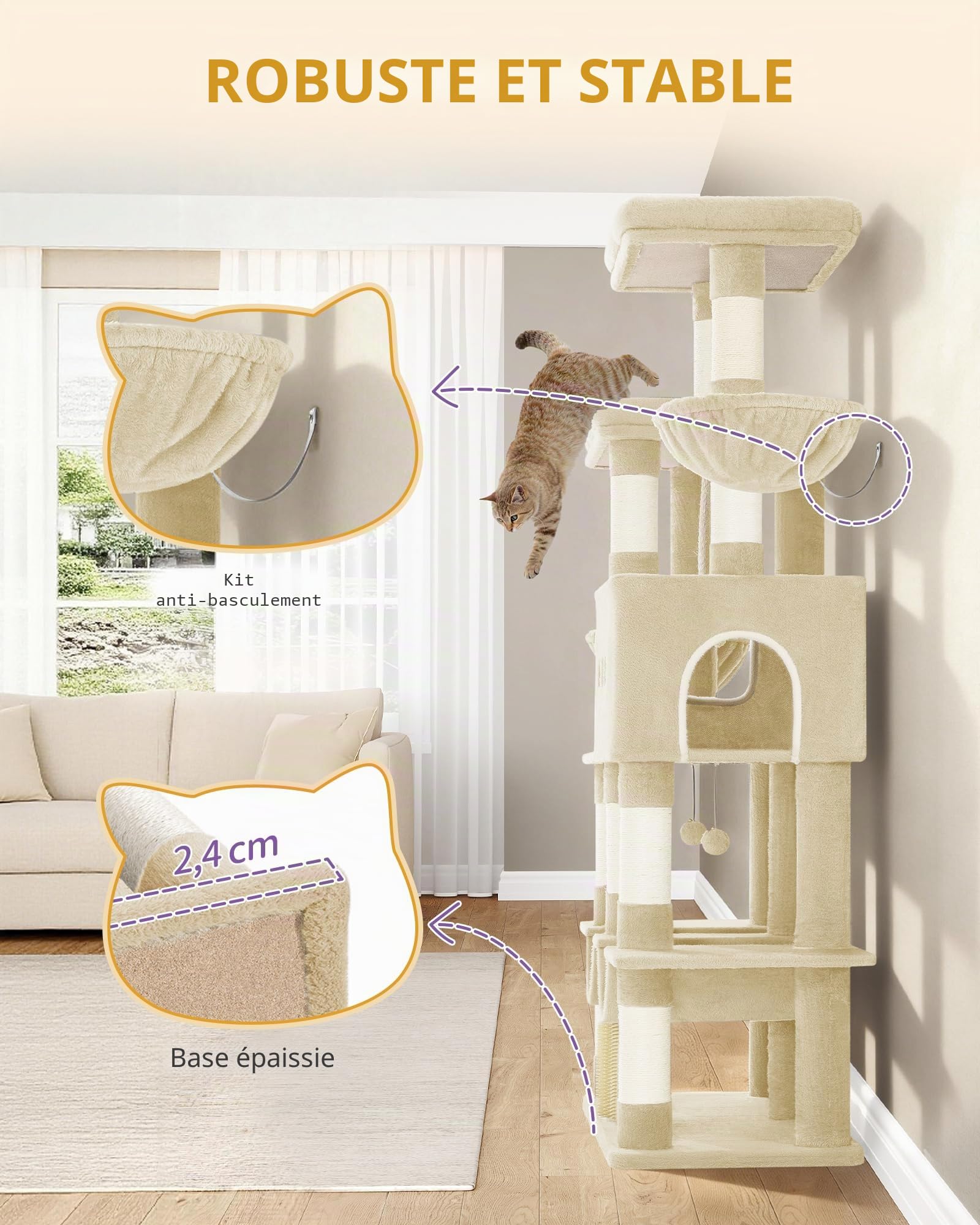 Hzuaneri Arbre à Chat, 176 cm, 2 Plateformes Extra-Larges, Beige | 2 Grande Grottes, 9 Poteaux à Griffer en Sisal, 2 Hamacs, Panier pour Chat, Pompons, Convient aux Chats Maine Coon, MS17218YL
