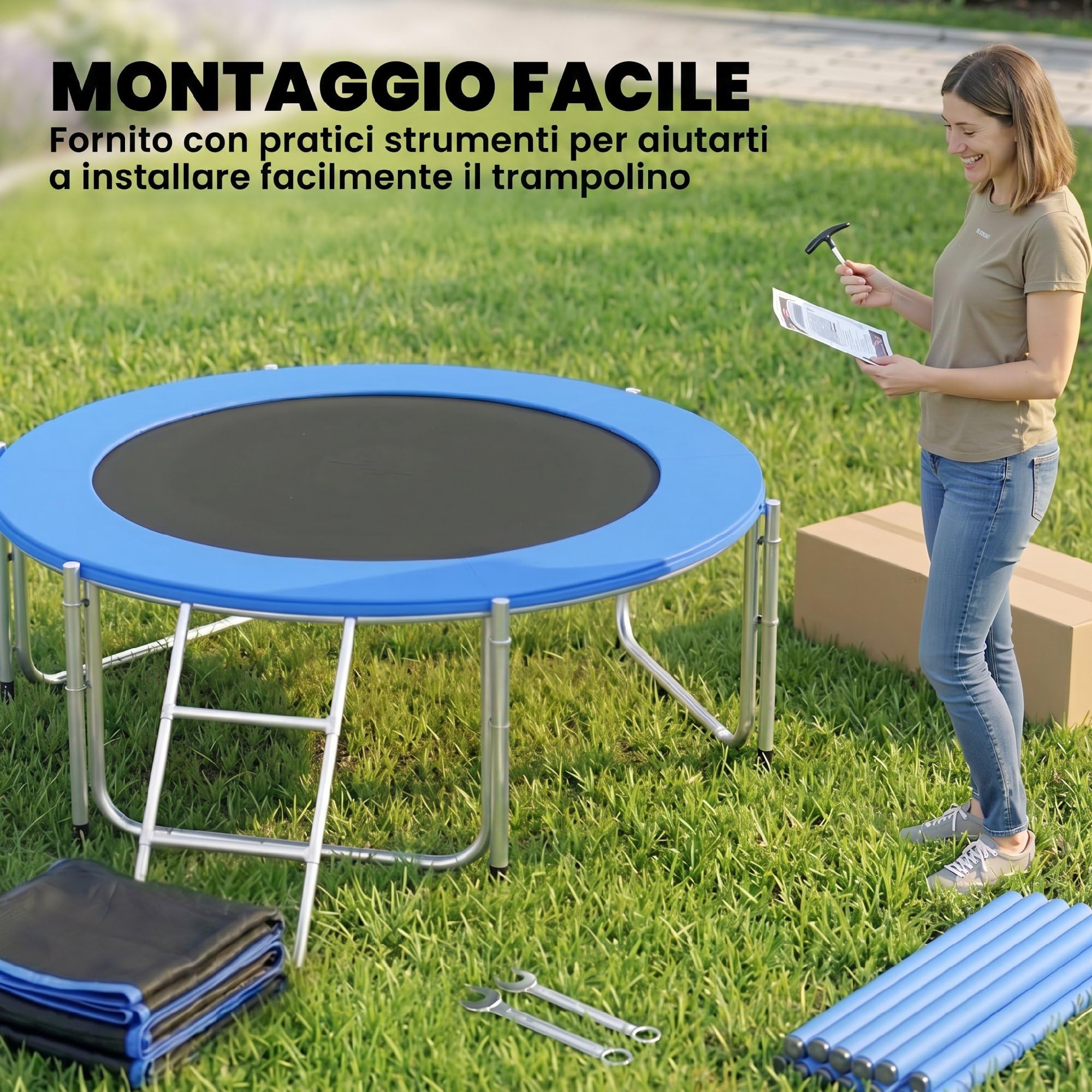 SPORTNOW Trampolino Elastico per Adulti Ø183/Ø244/Ø305cm, Tappeto Elastico Adulti con Rete di Protezione, Scala a 2 Gradini, Copertura di Sicurezza per Molle, Struttura in Acciaio, Blu