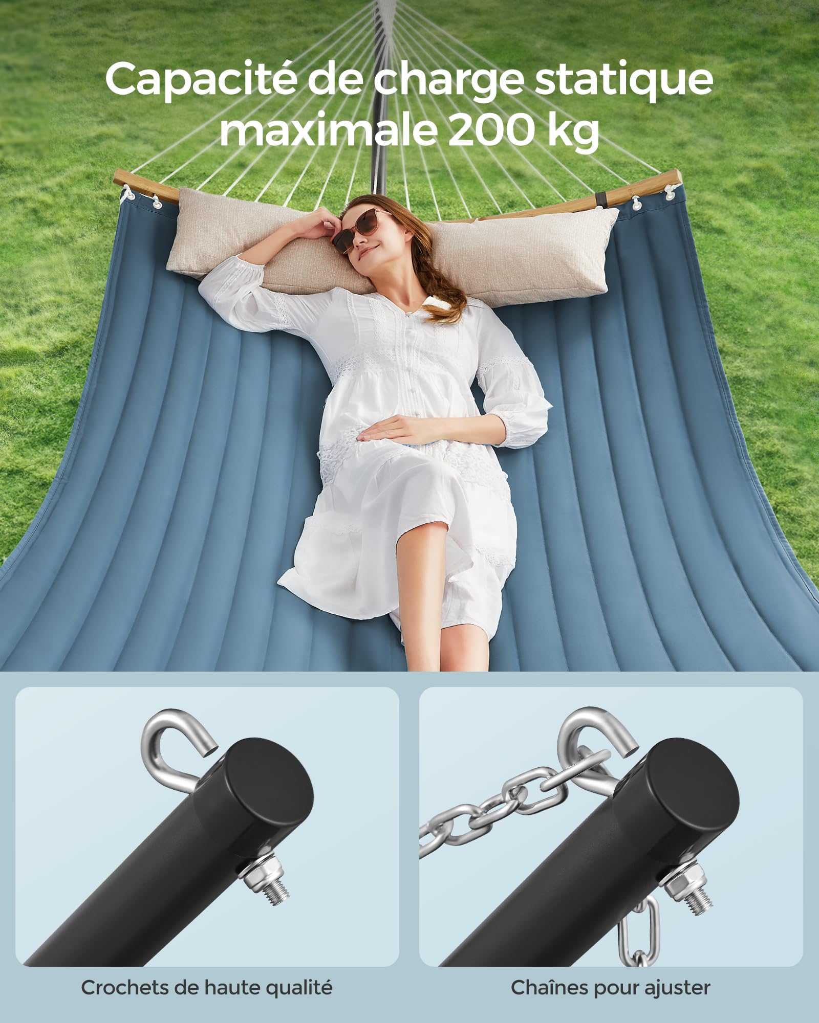 SONGMICS Hamac avec Support, Structure en Métal, Barre de Soutien Double, avec Coussin, Capacité de Charge Jusqu'à 200 kg, pour Jardin, Structure Noire et Hamac Bleu GHS002Q01