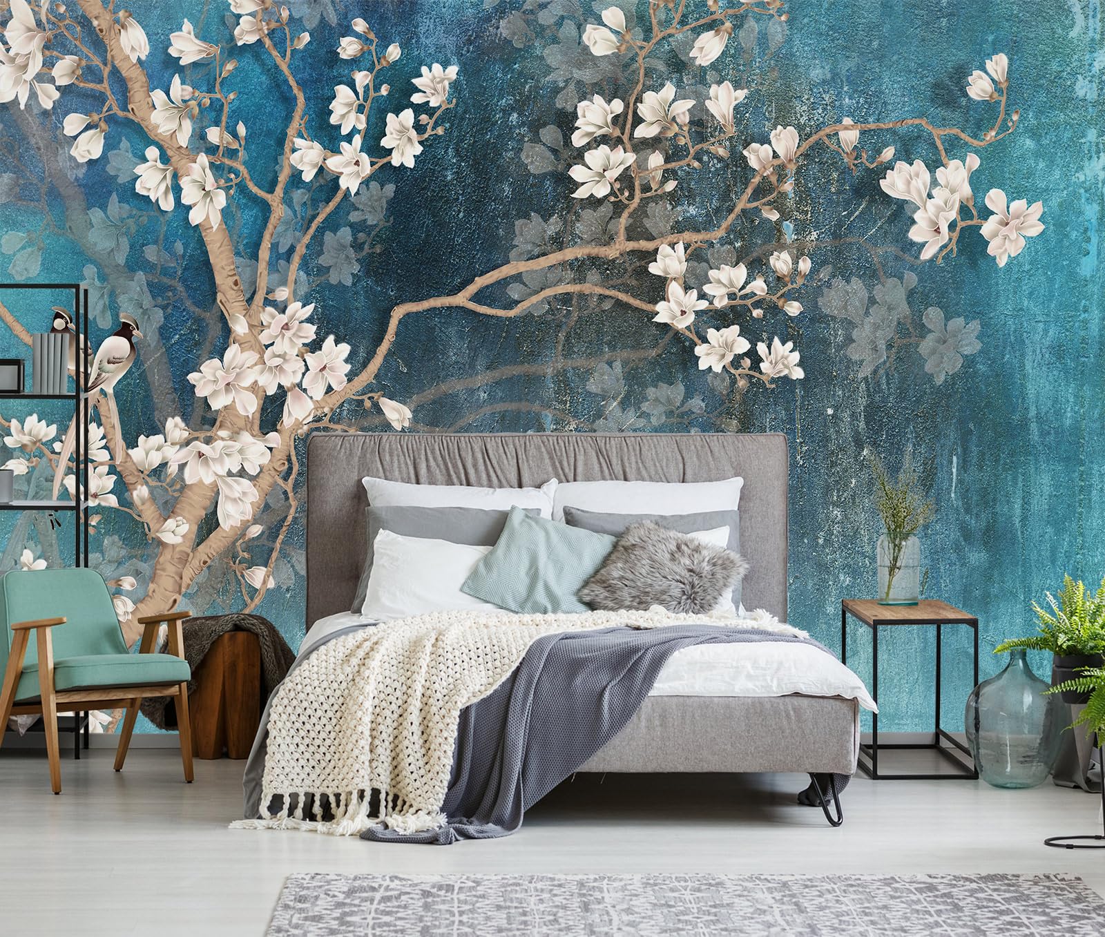 TUNDJ - Vintage Flower Bird Wallpaper Magnolia Floral Wallpaper Mural Living Room Bedroom（Not Peel and Stick）