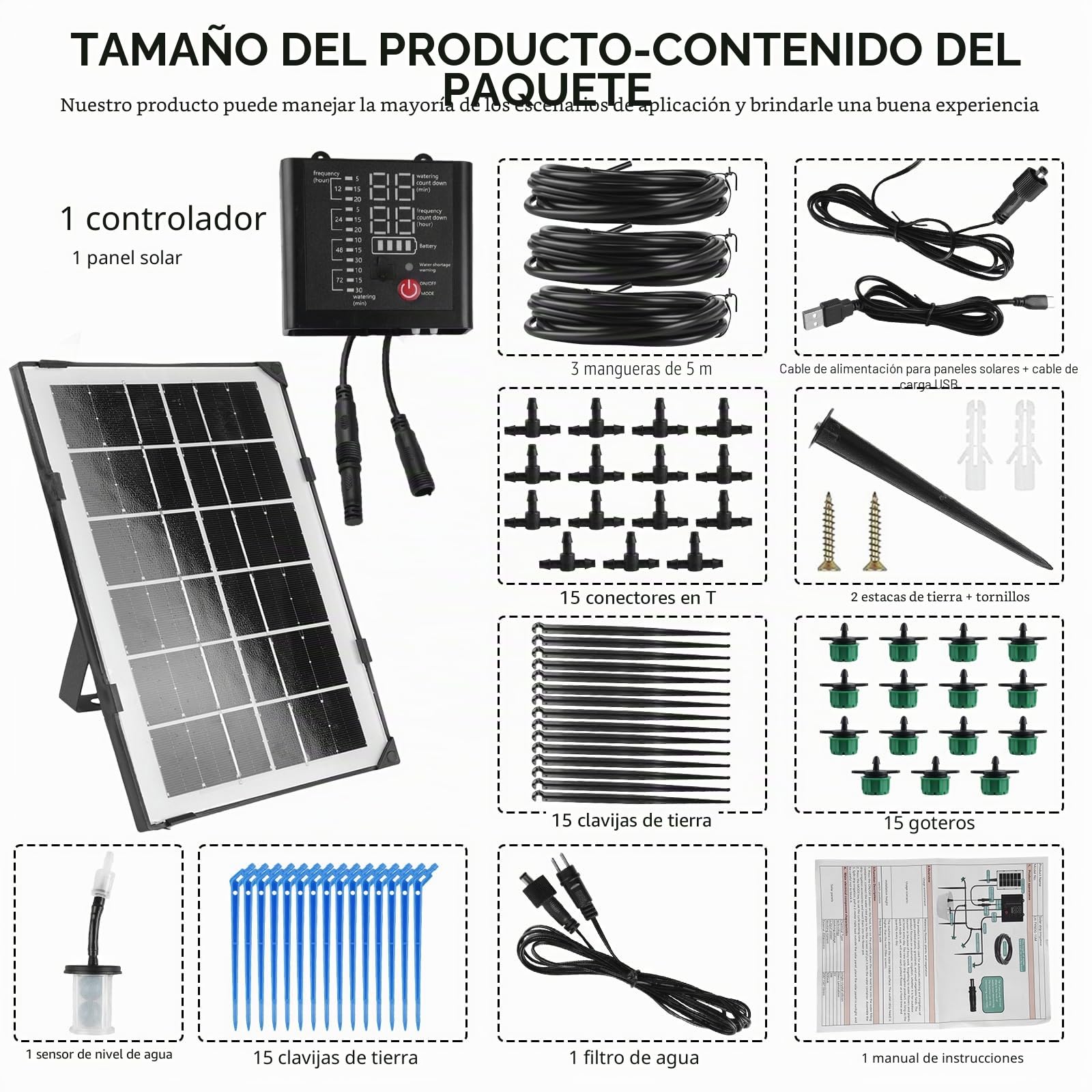 Sistema de riego solar, riego automático, sistema de riego por goteo con 12 modos de temporizador, sensor de agua, manguera de 15 m para jardín, balcón, plantas, plantas en macetas, vacaciones