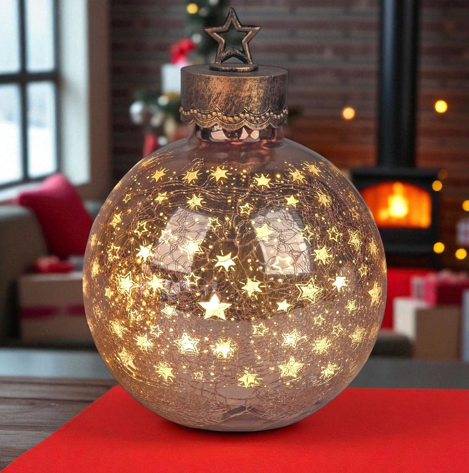 formano LED Deko-Kugel 35 cm Sterne Rose-Gold Glaskugel Timer 6h/18h beleuchtet - Batteriebetrieben - Herbst Winter Weihnachtsdeko für Tisch Regal Fensterbank