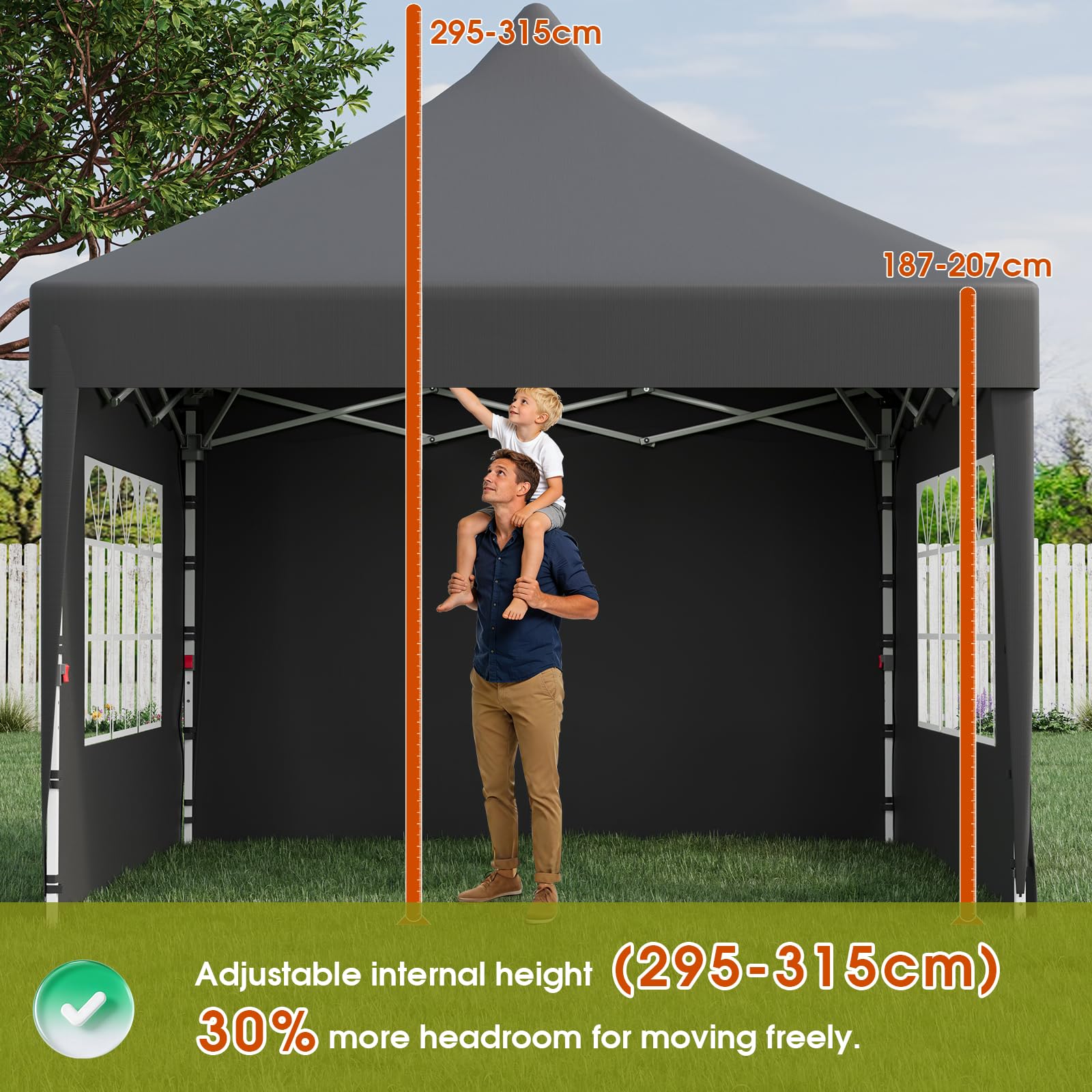 JUMMICO Gazebo 3x3 Pieghevole Impermeabile, 10cm di Altezza Interna Supplementare, Tessuto Robusto e Durevole, con Pareti Laterali, Ideale per Cortile, Balcone, Campeggio e Altro, Grigio