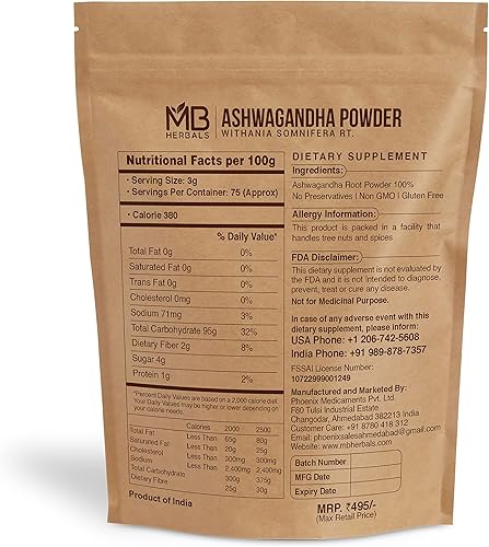 Miniatura 2 de MB Herbals Polvo de Ashwagandha de 8 onzas (0.5 libras) | Probado en laboratorio | Ginseng indio | Polvo de raíz Withania somnifera