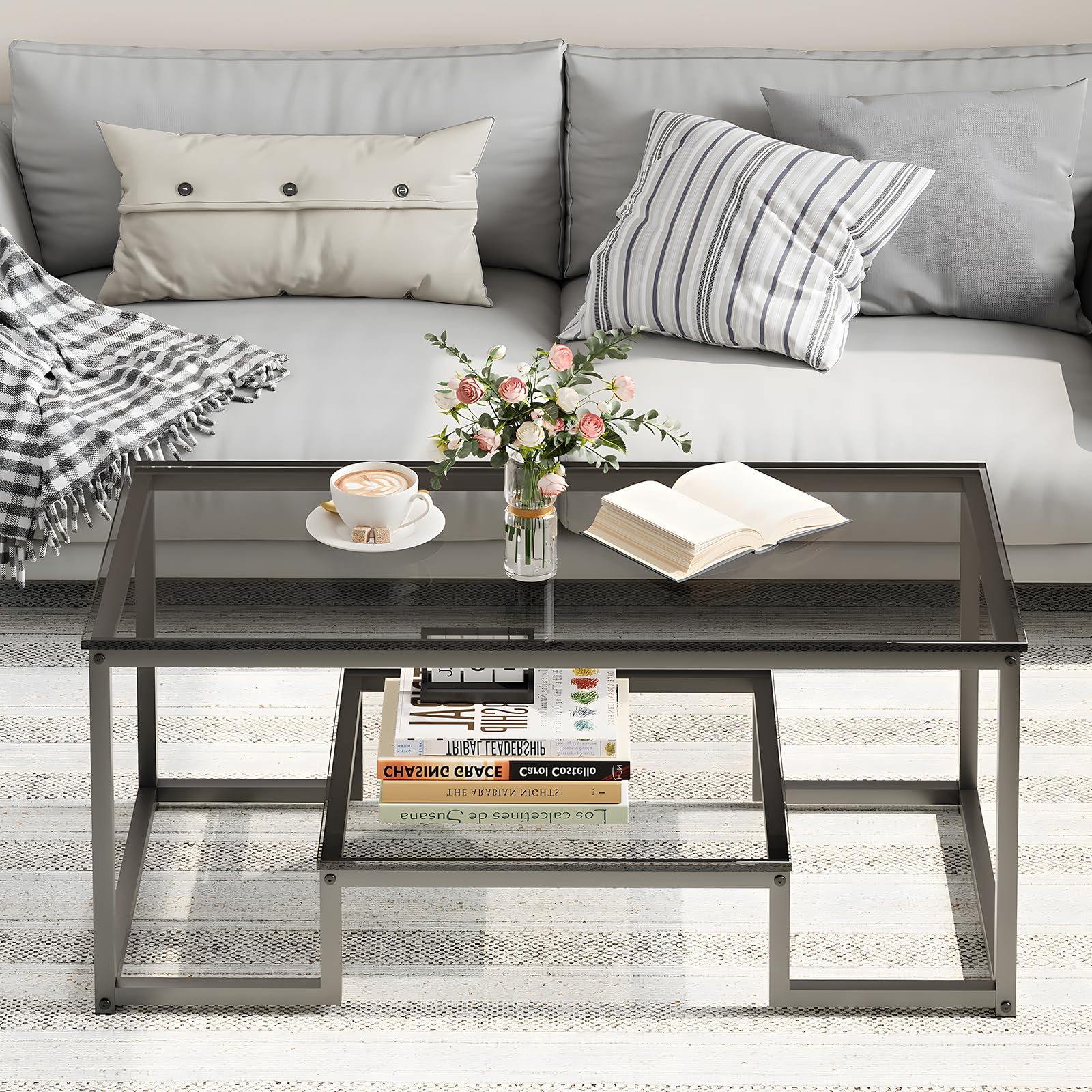 Wolawu Coffee Table Grey Glass Coffee Table for Living Room,2 Tiers Rectangle Center Table with Sturdy Metal Frame,Modern Tempered Glass Accent Table for Bedroom Home Office