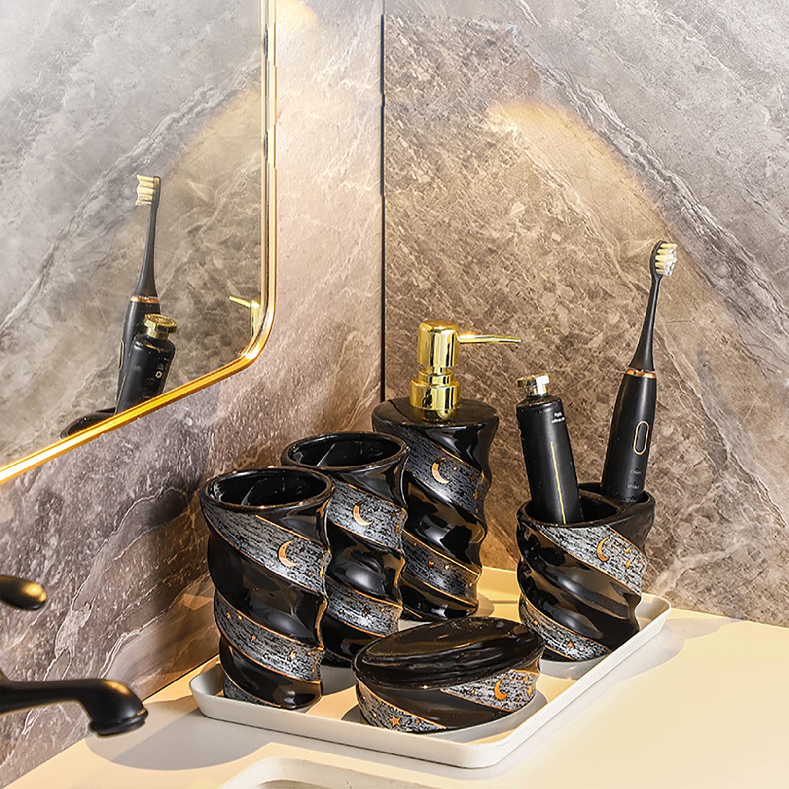 Juegos de Accesorios de baño, Acesorios Cuartos de Baño 4 Piezas con Dispensador Jabon Baño, Jabonera Baño, Porta Cepillo de Dientes, para Champú Gel de Ducha Cerámica Negro