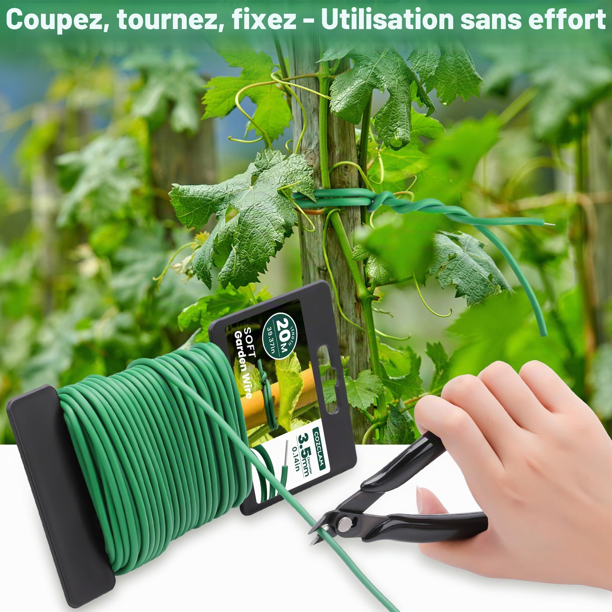 COZCLAM 2 x 20m Fil de Fer Jardin avec Coupe, 3.5mm Fil de Fer Cloture, Fil de Fer Vert de Plastique pour Le Jardinage, Tomates, Fil de Fer Souple Loisir Creatif pour Organiser Les Câbles, Projets