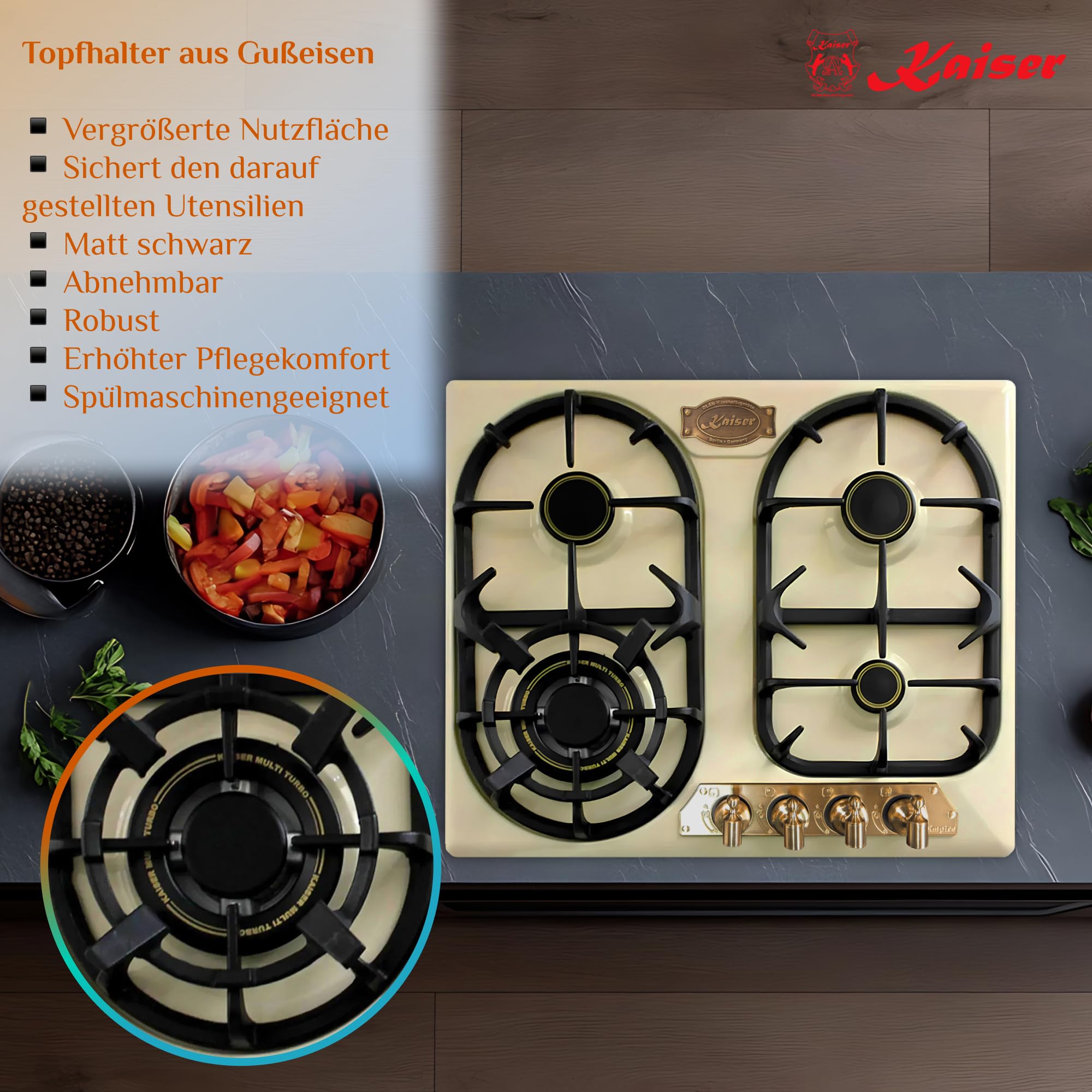 Kaiser Empire kg 6325 ElfEm Ivory Płyta gazowa/kuchenna 60 cm nowość/płyta gazowa / 3,8 kW palniki WOK/gaz propan/gaz ziemny / płyta gazowa 60 cm
